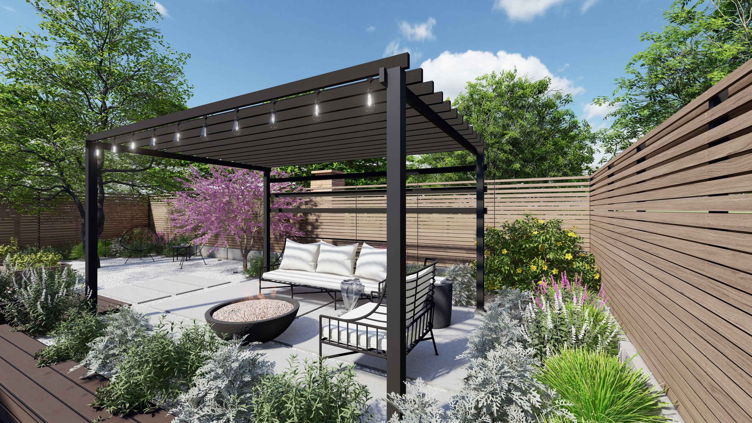 Concrete stepper patio with black metal outdoor sofa and lounge chair covered by black pergola.