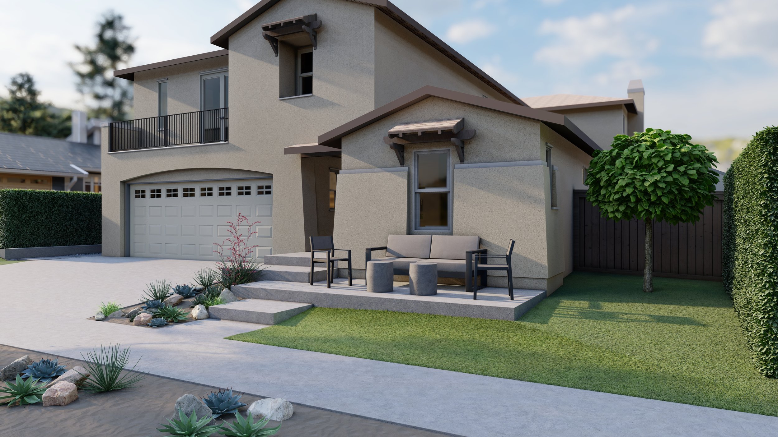 Front yard design with metal outdoor sofa, high chairs, and round concrete side tables.