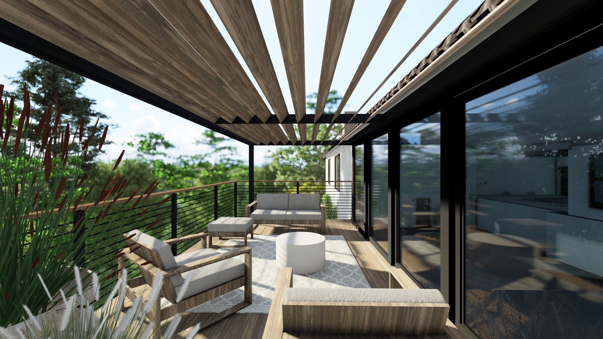 Second story balcony with slatted roof and portside sofa, two lounge chairs, and ottoman.