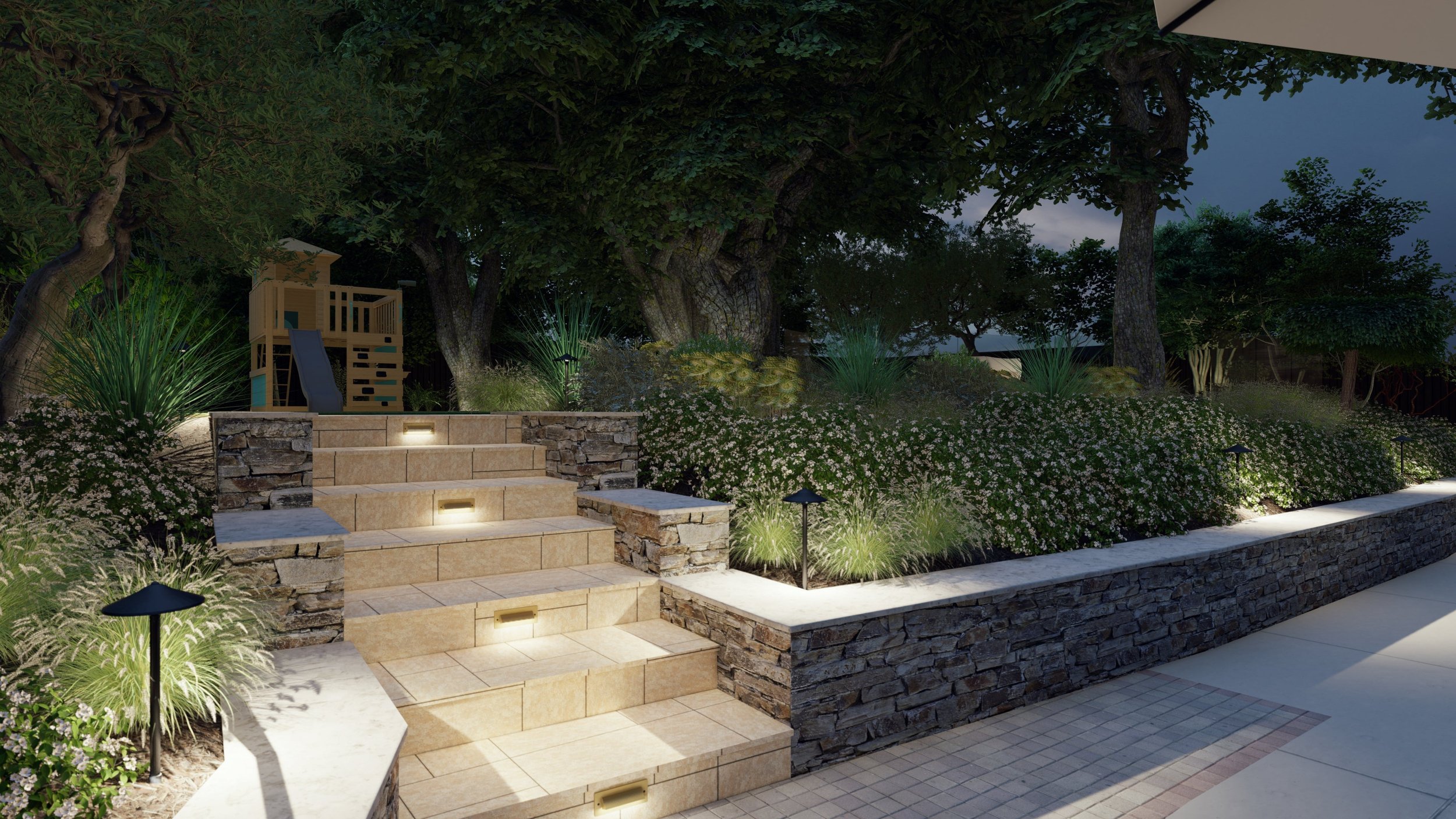 Path lights with glare-blocking covers sit above a retaining wall to highlight its seat cap. Recessed lights in the stair risers also incorporate covers to direct light onto the stair treads.