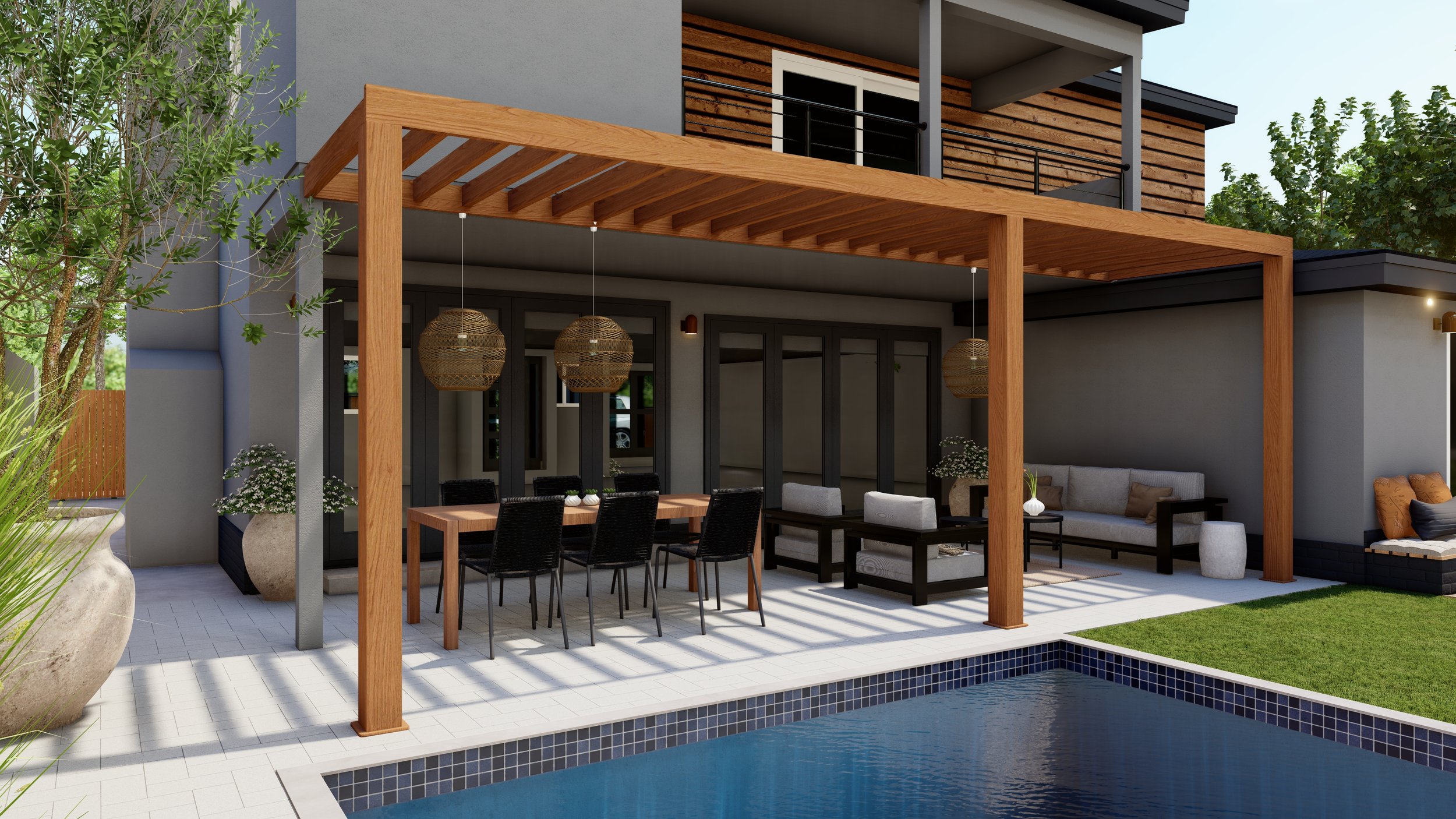 Poolside outdoor living spaces with dining set and Walker metal outdoor sofa and lounge chairs.