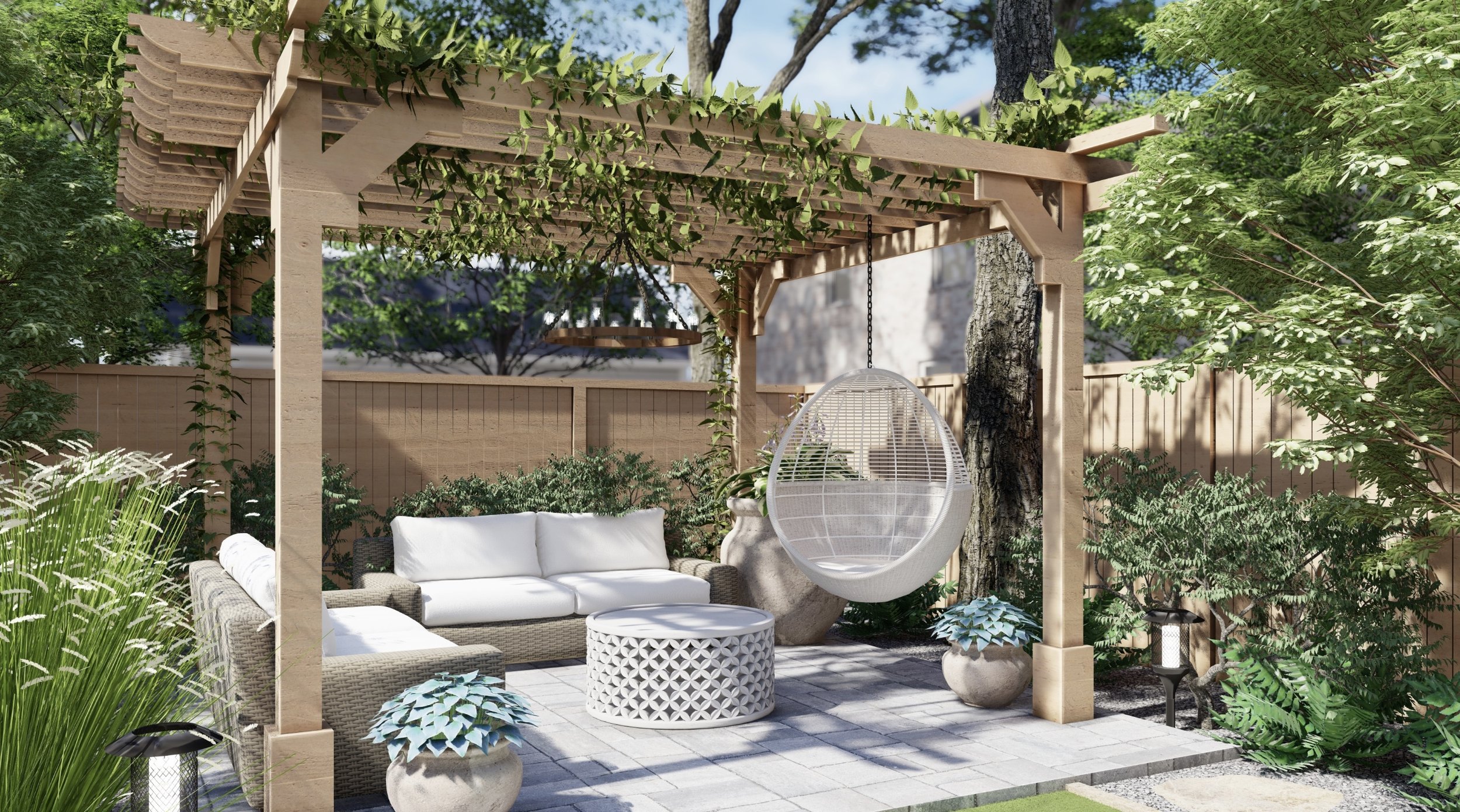 Bohemian landscape design with wicker sofas, hanging chair and vine-covered pergola.