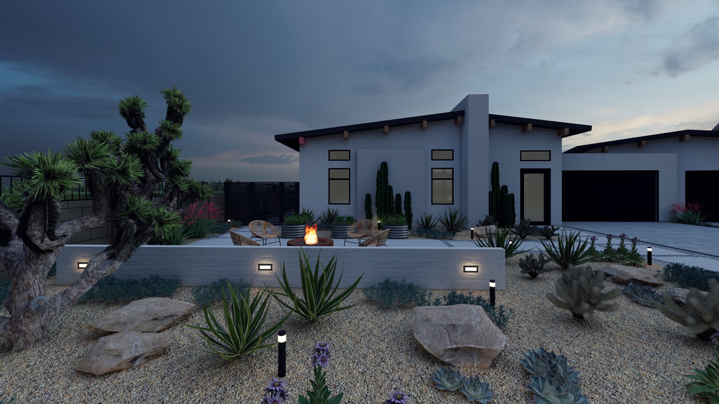 Recessed wall lights and minimalist black path lights spread like a constellation across this desert landscape design.