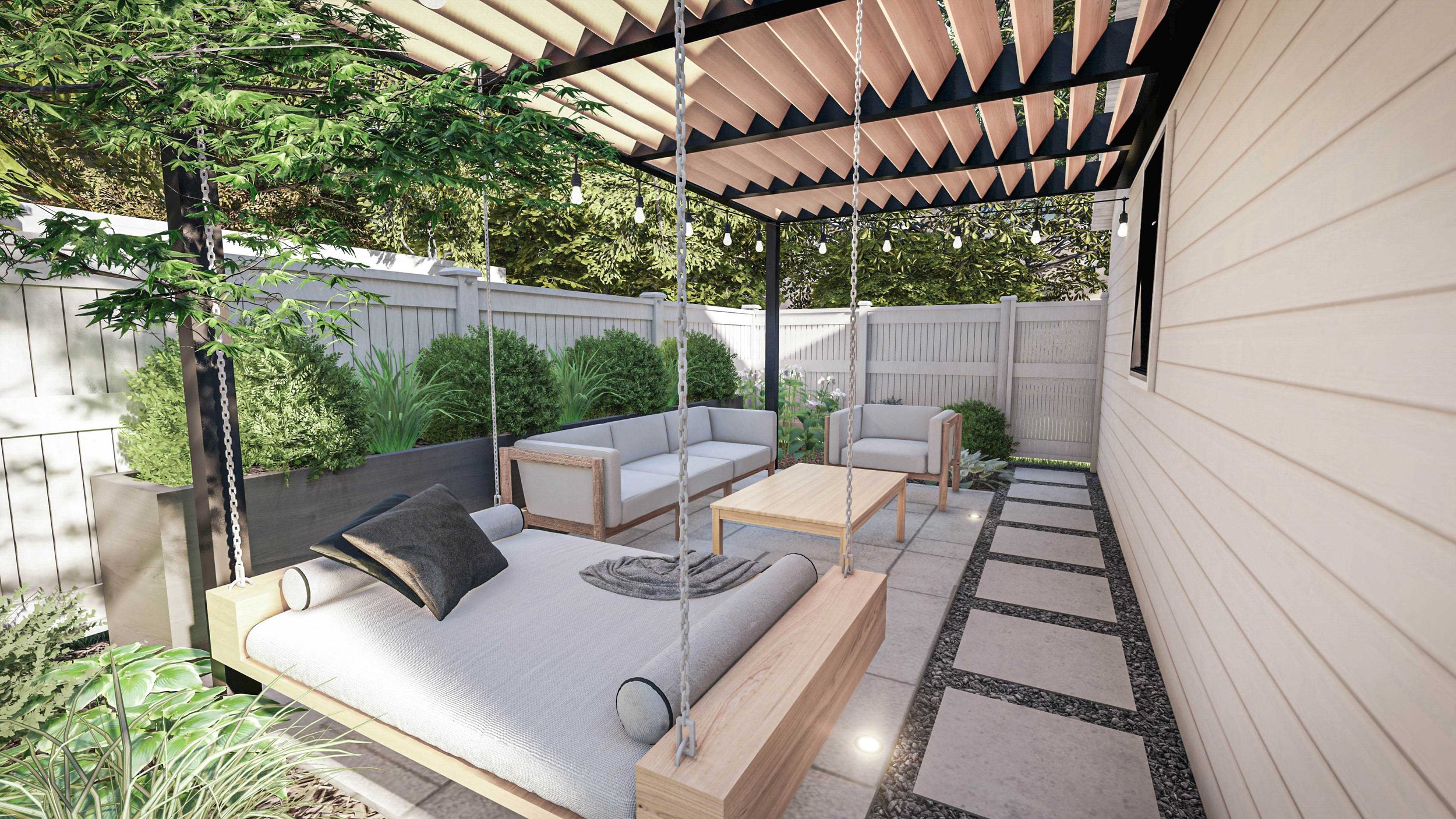 Outdoor seating area with hanging day bed in side yard design