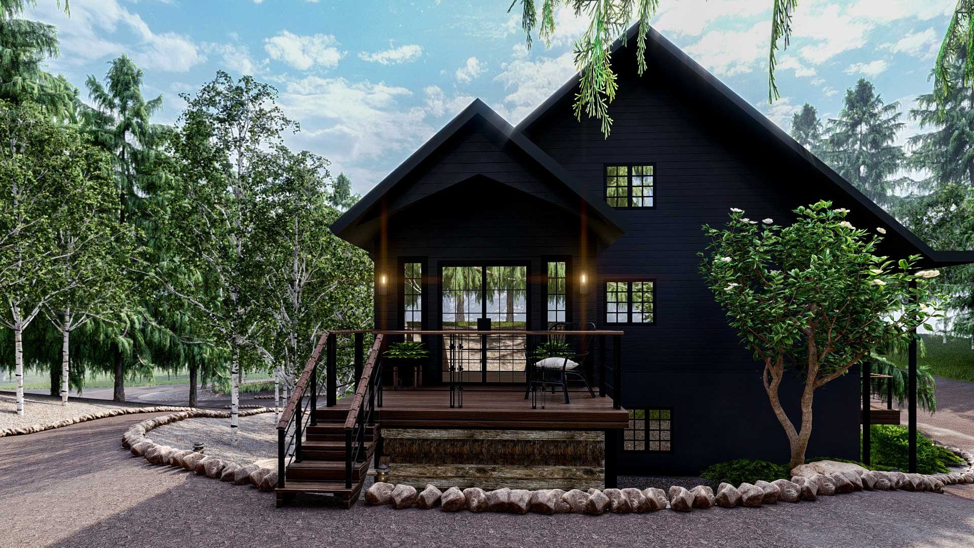  Rich brown wood and midnight blue paint shrink the visual footprint of the house, allowing it to recede from the spotlight and allow the forested landscape to command attention. 