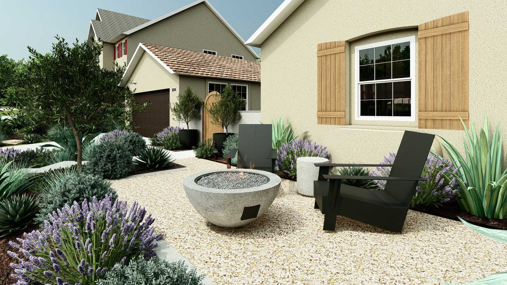  Color is as important for hardscape as it is for planting. Here, the gravel includes both from the house and grays from the concrete fire pit, while the dark chairs embrace the same bold contrast as the garage door. 