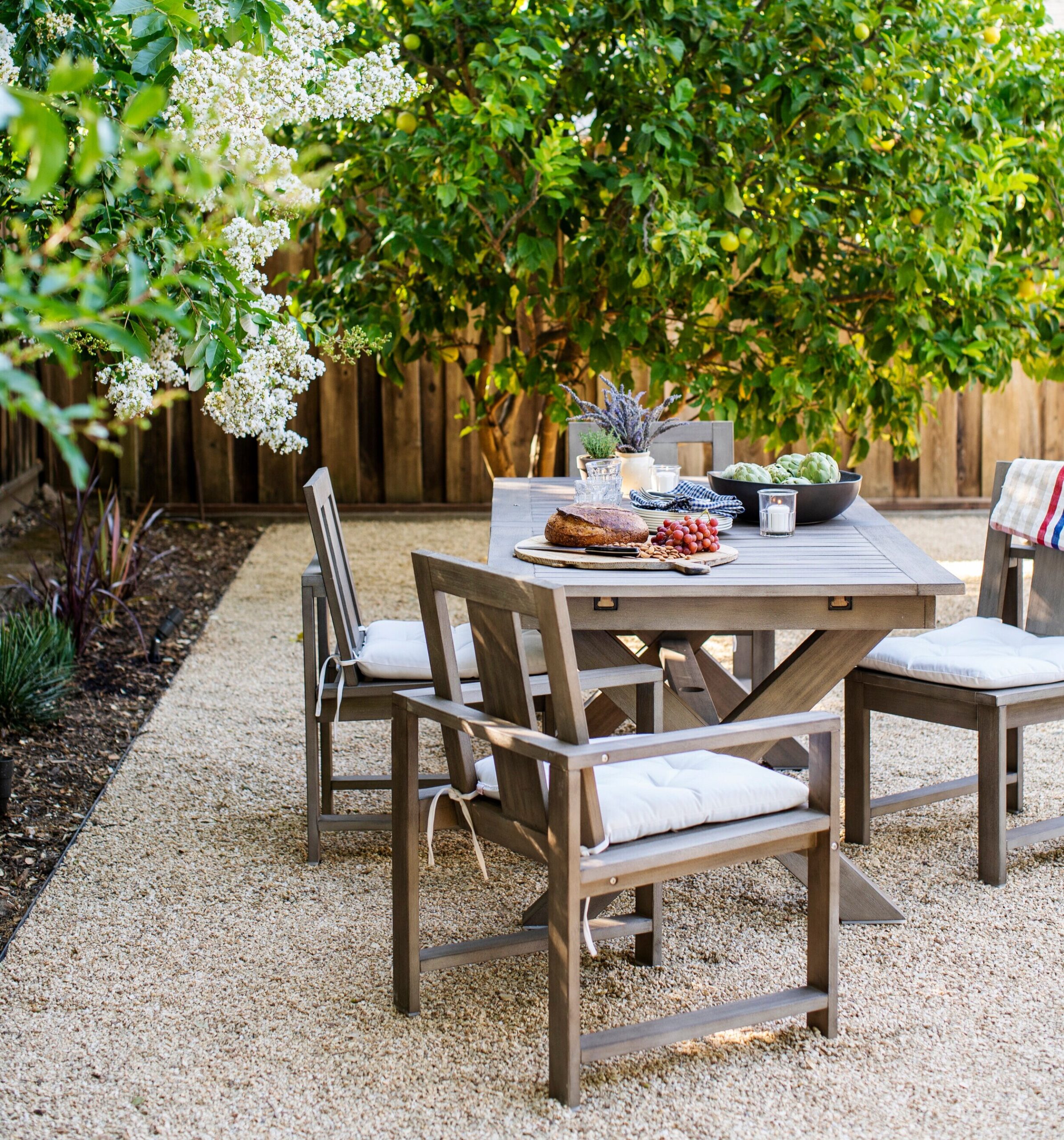 Outdoor seating area. Underfoot: California Gold Gravel