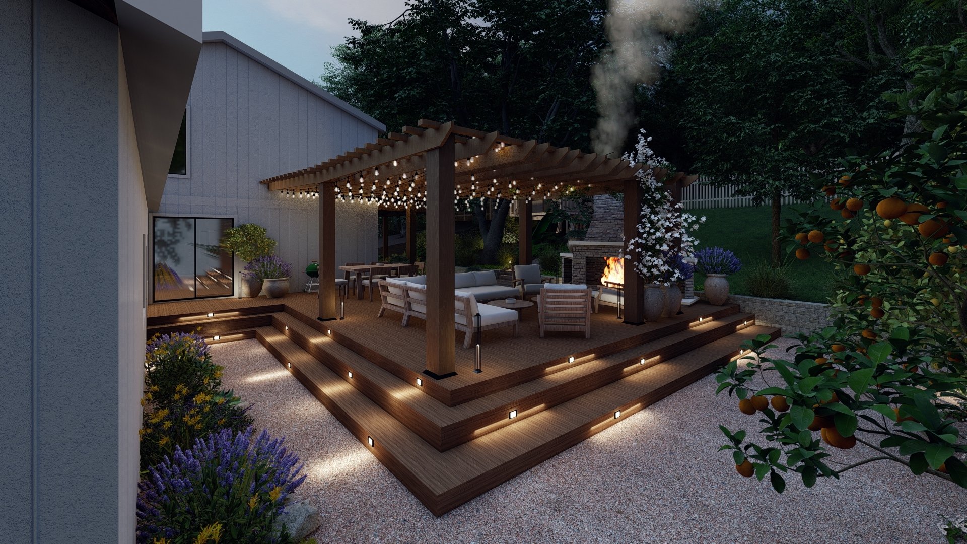Custom outdoor fireplace under a pergola created the perfect evening entertaining space in Novato, CA
