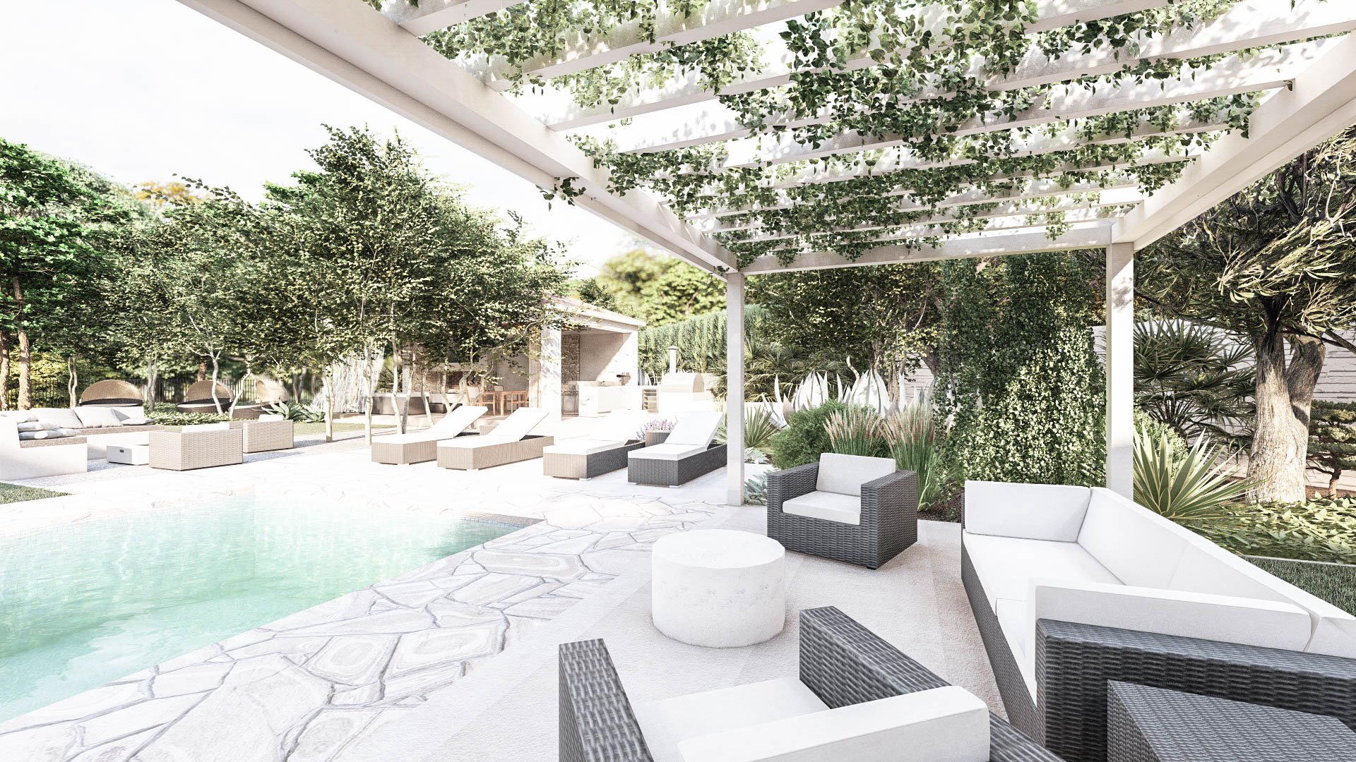 Bright white poolside seating area with modern pergola