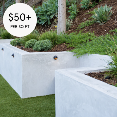 RETAINING WALLS - $50 - $150 per square foot (or $150 - $450 per linear foot of 3’ tall wall). These prices only apply to walls at or under 3’ in height. Above 3’, permitting usually kicks in, and prices shoot up.