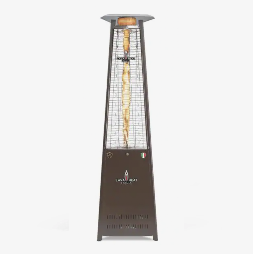 05                              A-Line Heater - Available in several colors, this elevated pyramid style heater features steel side panels and chrome reflectors to enhance the orange flame. The sleek lamp heats in a 360-degree radius, and it’s perfect for modern outdoor décor. SHOP NOW >