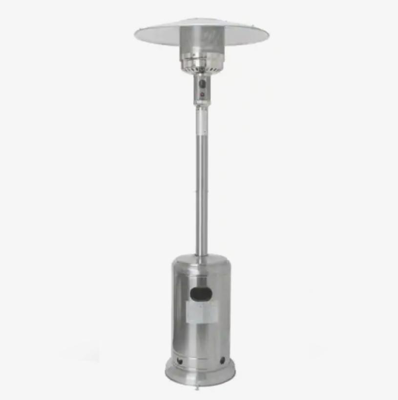 01                     Stainless Steel Patio Heater - Hampton Bay’s heater is perfect for patios around 200-square-feet, this traditional stainless-steel heater packs a warm punch. SHOP NOW >