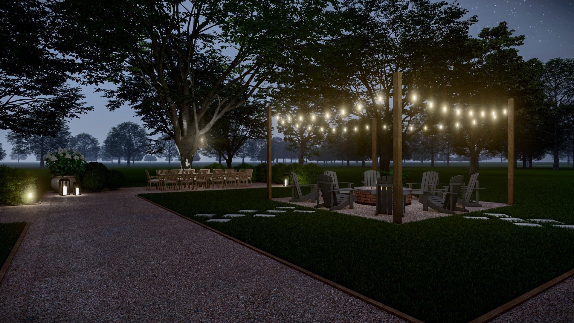 Decorative lanterns also mark the end of the path to the fire pit and outdoor dining zone. A square of string lights mounted to wooden posts defines the fire pit boundaries while leaving the space open to its surroundings.