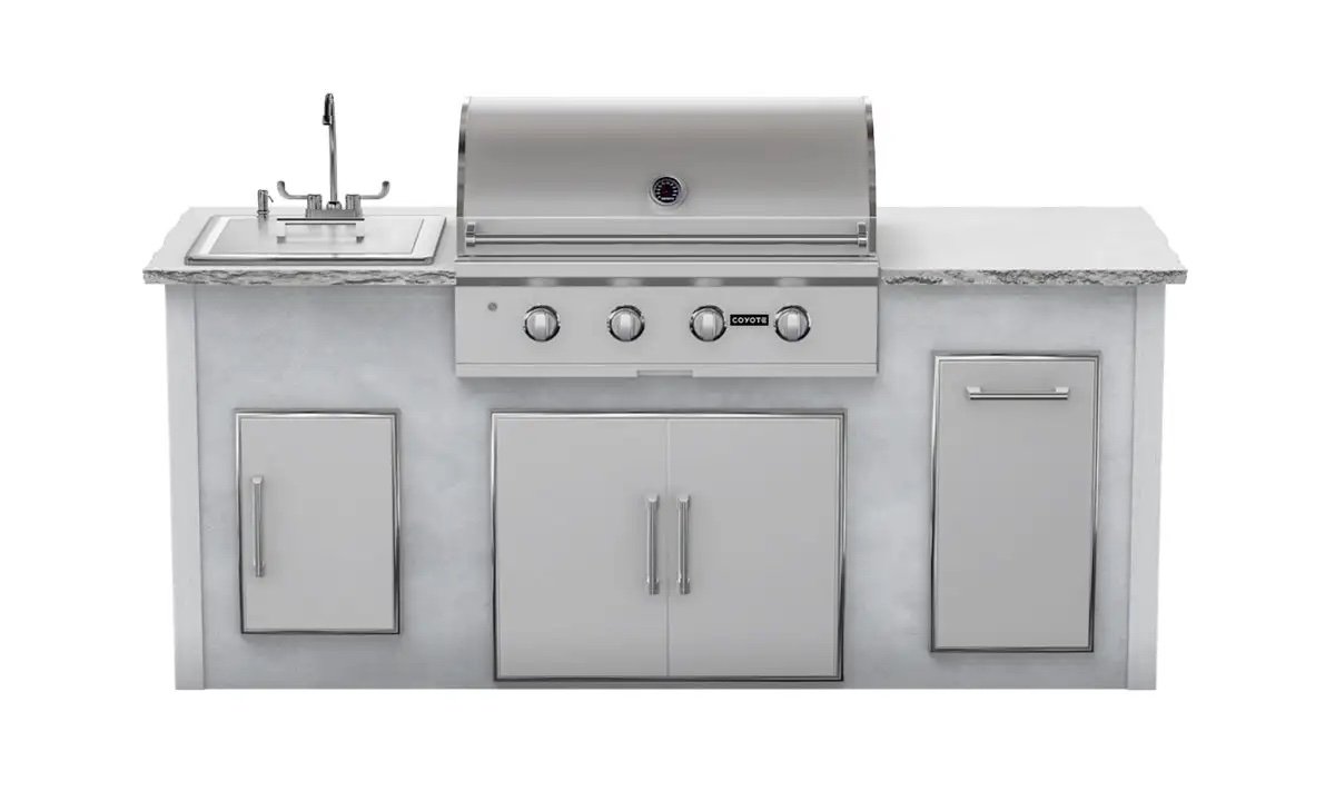Prefab outdoor kitchen from RTA outdoor living with concrete finish that includes a sink, trash receptacle, grill, and countertop