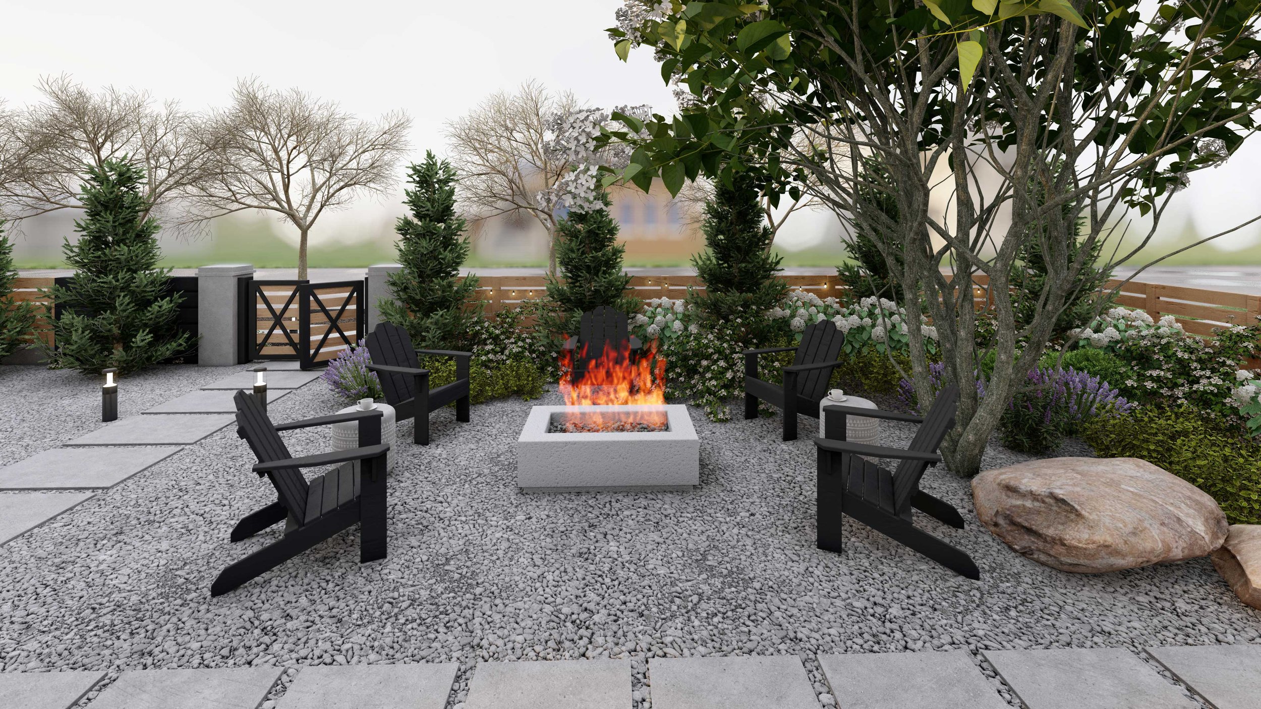  Balancing natural details (boulders, native planting, river rock-colored gravel) with modern flourishes (oversized pavers, concrete fire pit, horizontal fencing) provides compelling contrast. 