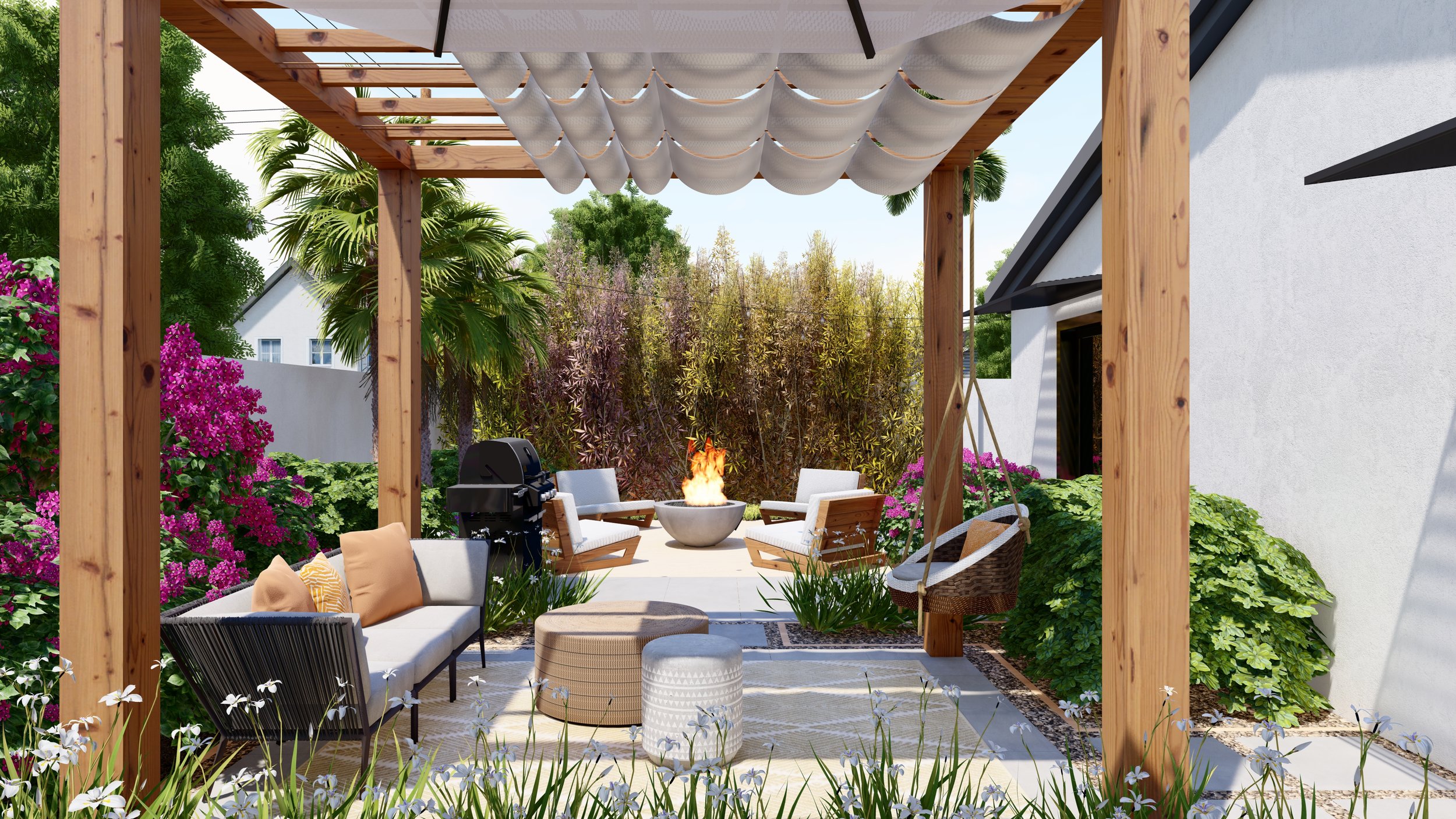 Modern wooden pergola with retractable canopy over a seating area
