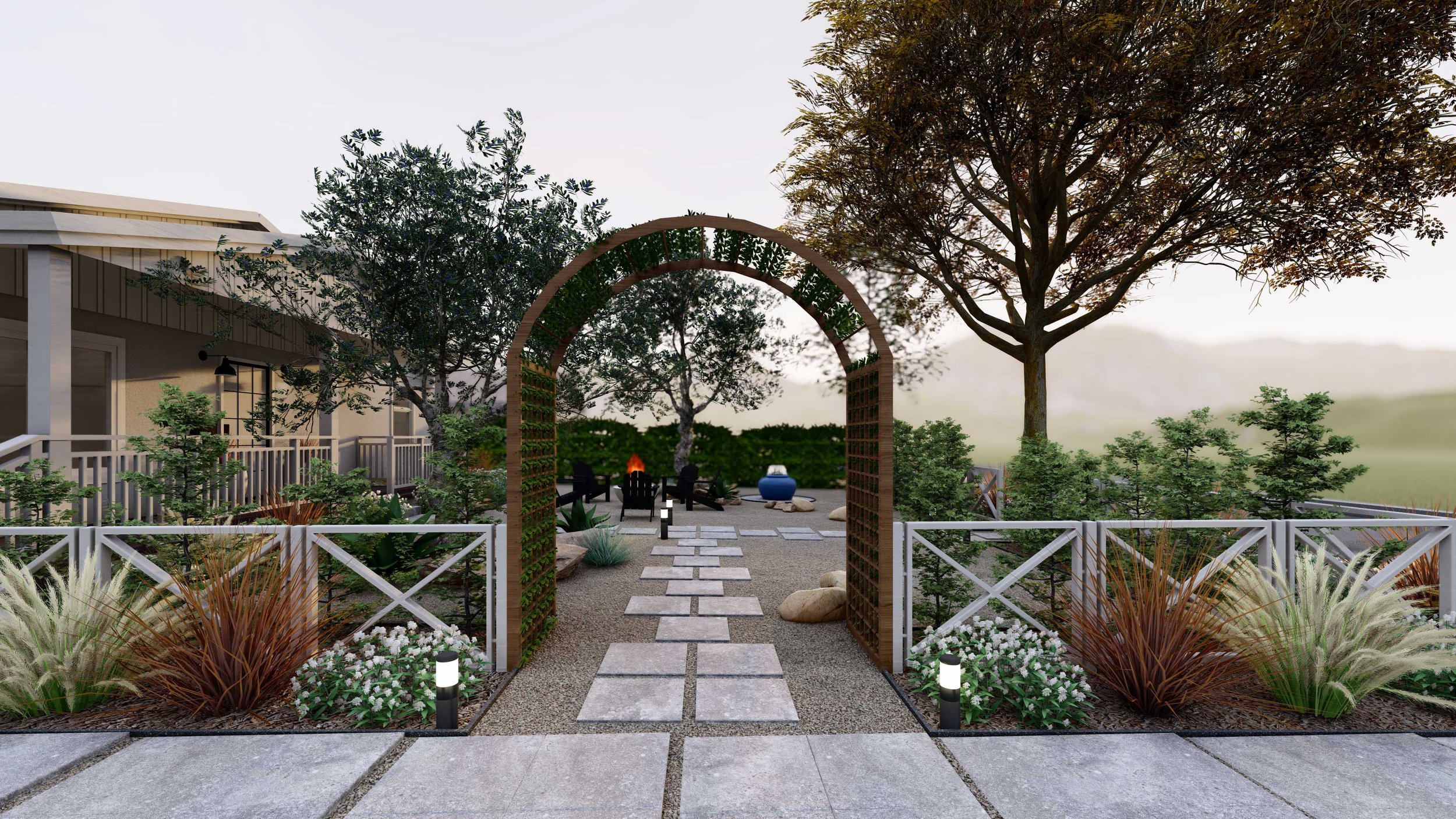  The combination of the arbor and the classic “X” patterned rail fence establish a traditional farm feel, which is counterbalanced by paving and modern details like the streamlined path lights. 