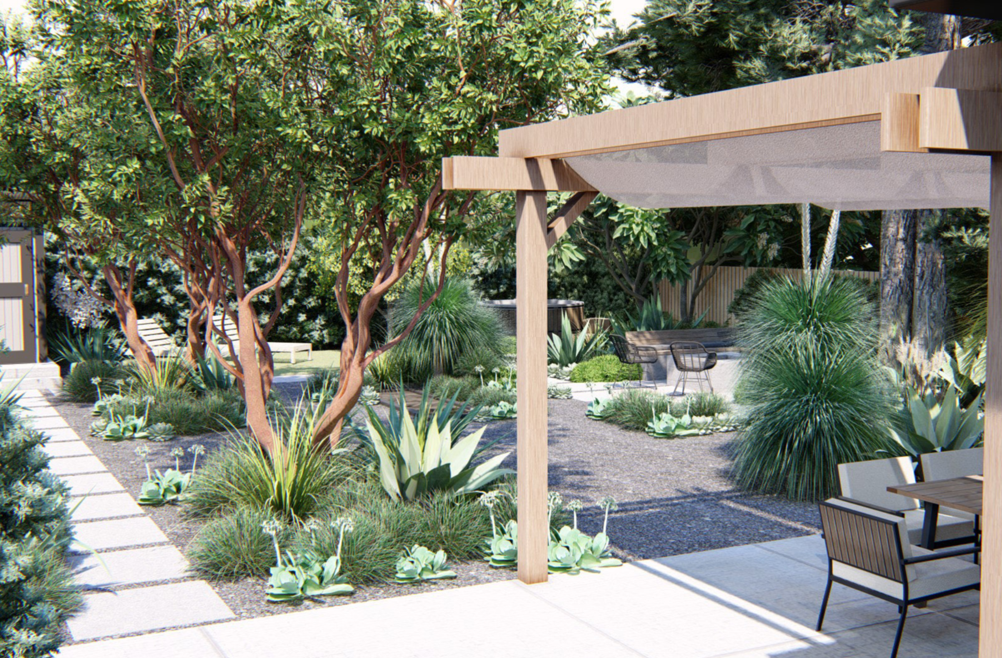 A digital view of Saletnik and Vesely’s new backyard design with a refurbished concrete patio and shade structure. New plantings are lush while still being low maintenance and waterwise.