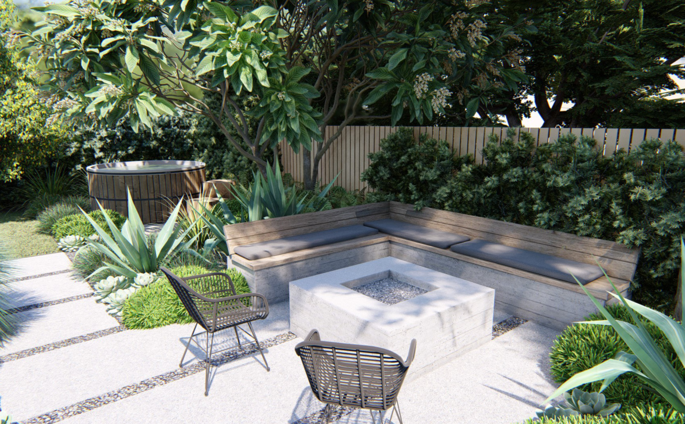 This backyard seating area and fire pit constructed using board-formed concrete and wood is the perfect space for entertaining friends or having a glass of wine in the evening.