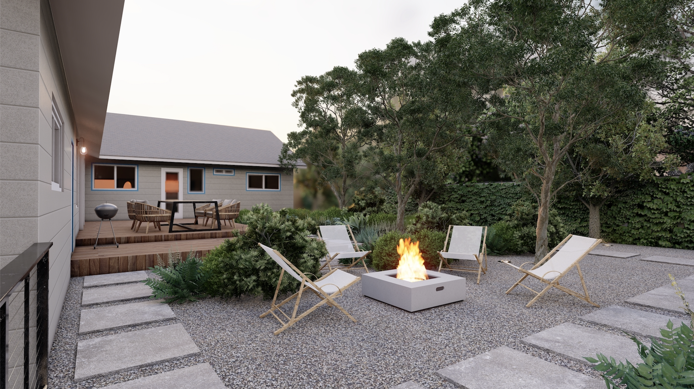Casual fire pit area on gravel with square stone fire pit