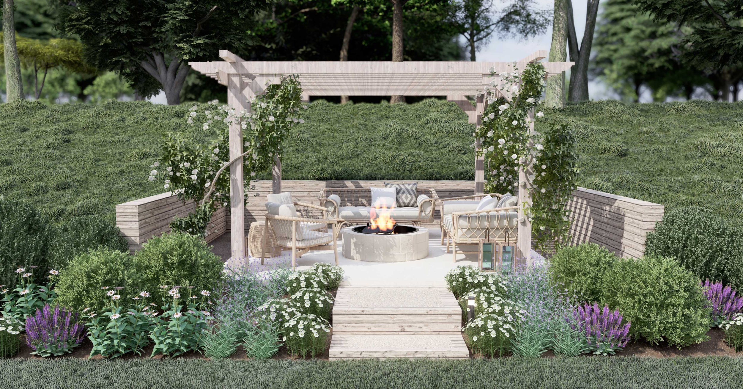 Pergola covered in white creeping roses creates a cozy and beautiful outdoor fire pit area in Oklahoma back yard design