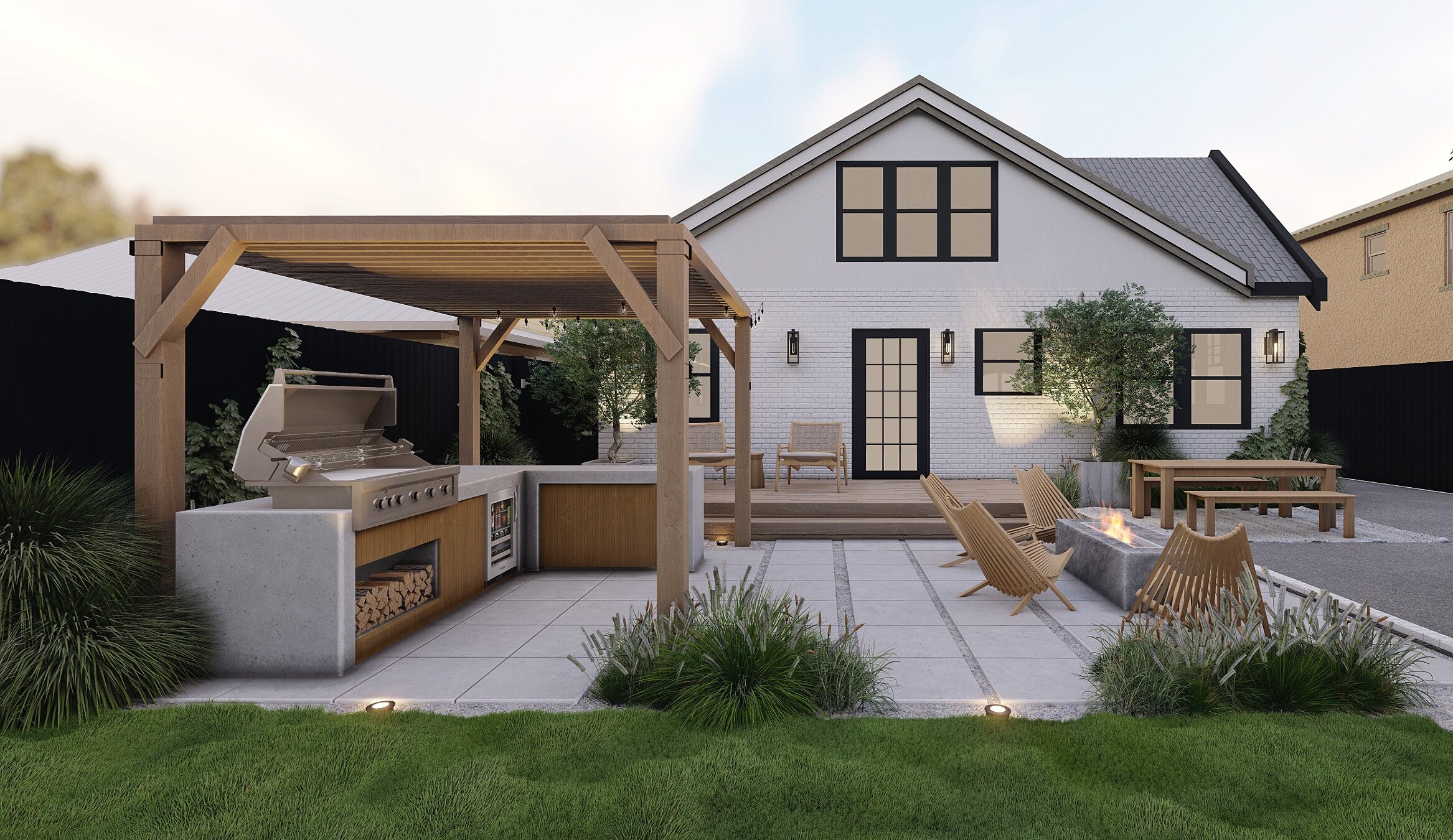 A Yardzen landscape design with a pergola-covered kitchen and outdoor entertaining spaces with fire pit