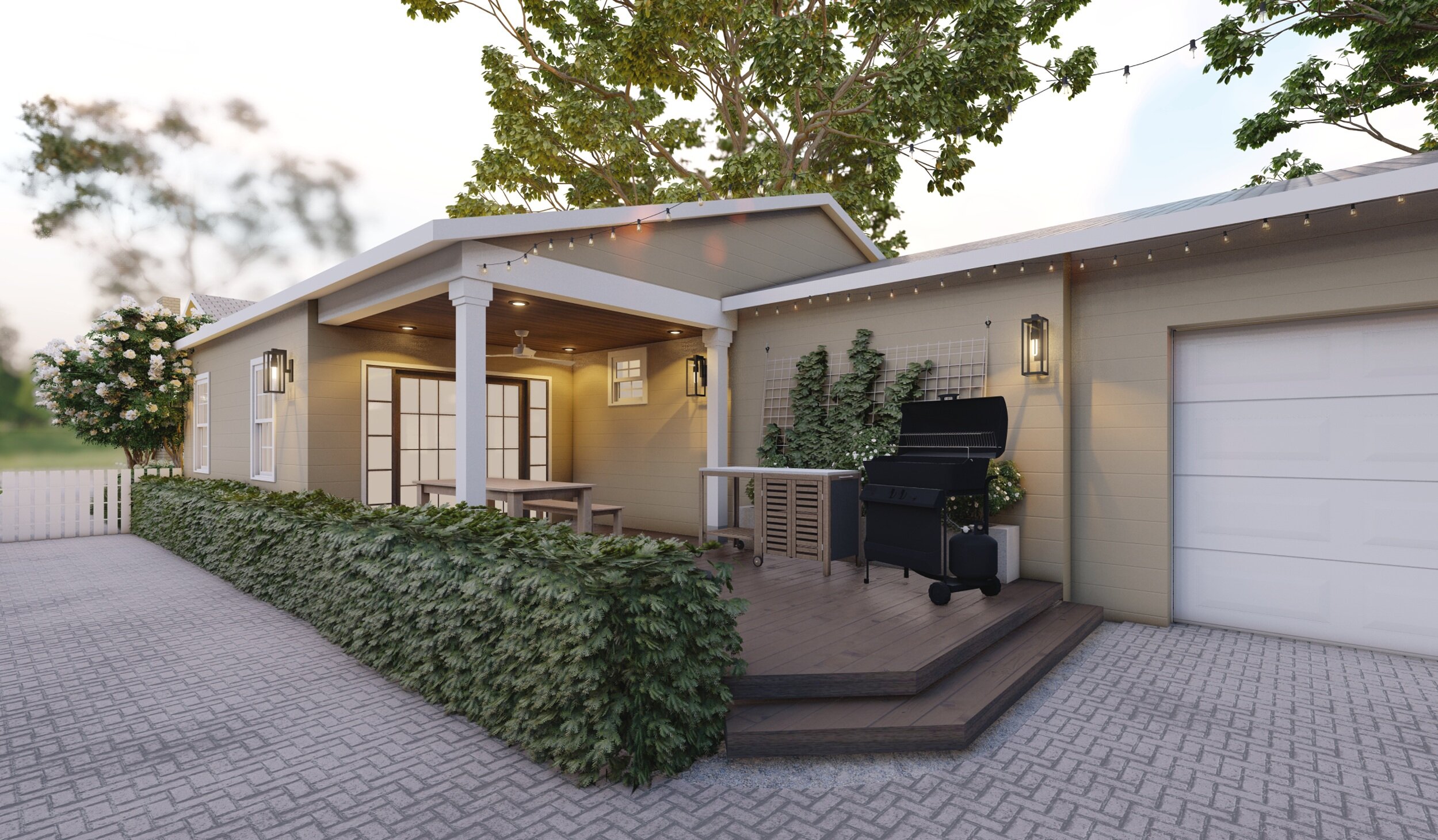 Front yard patio next to garage with dining area and modular outdoor kitchen including a charcoal grill and bar cart.