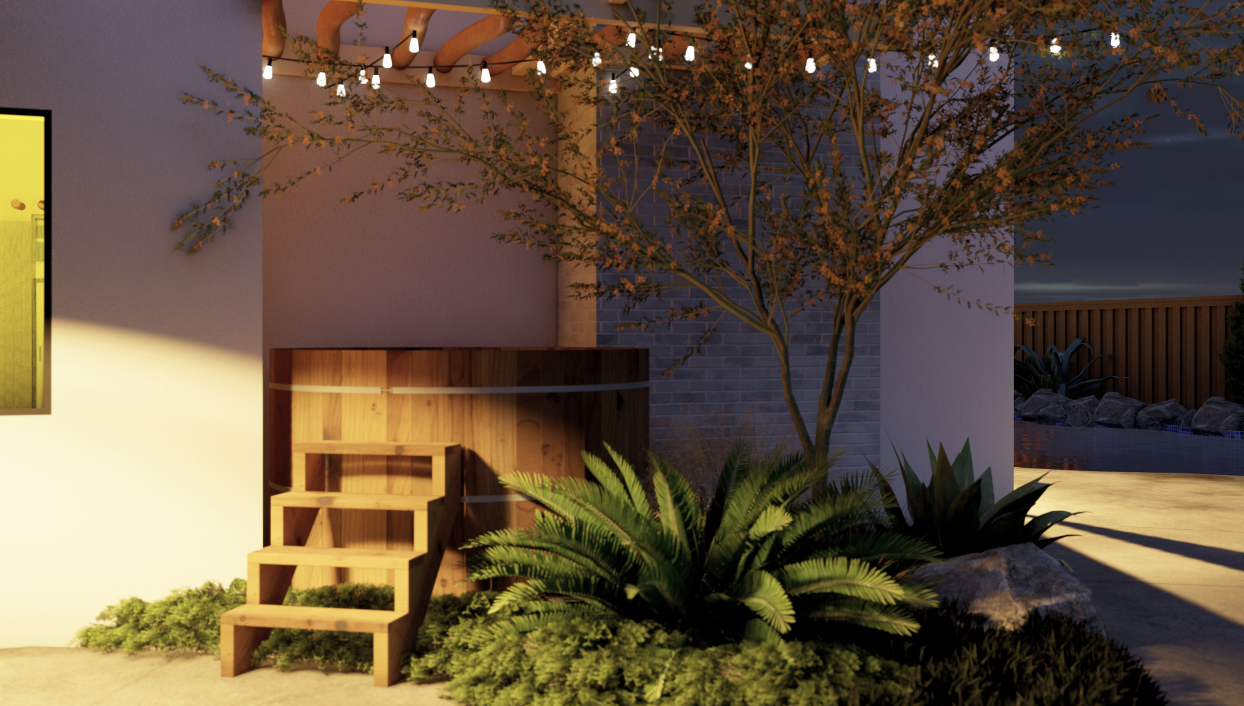 Cozy backyard design with wooden hot tub and string lights in elk grove, ca.