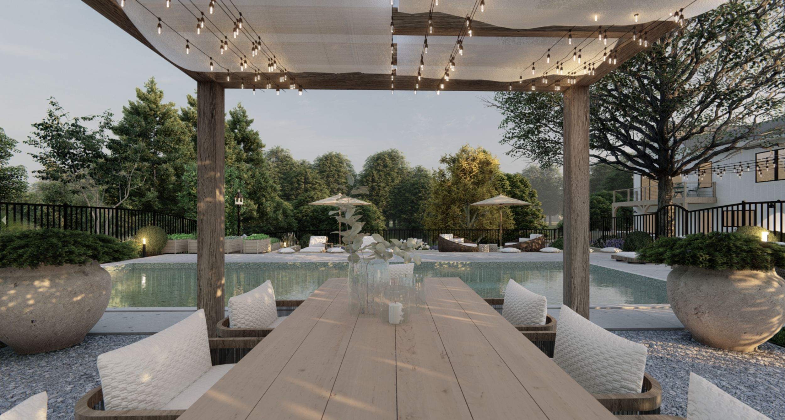 Dining table under shaded pergola and heated swimming pool in Walden, NY landscape design.