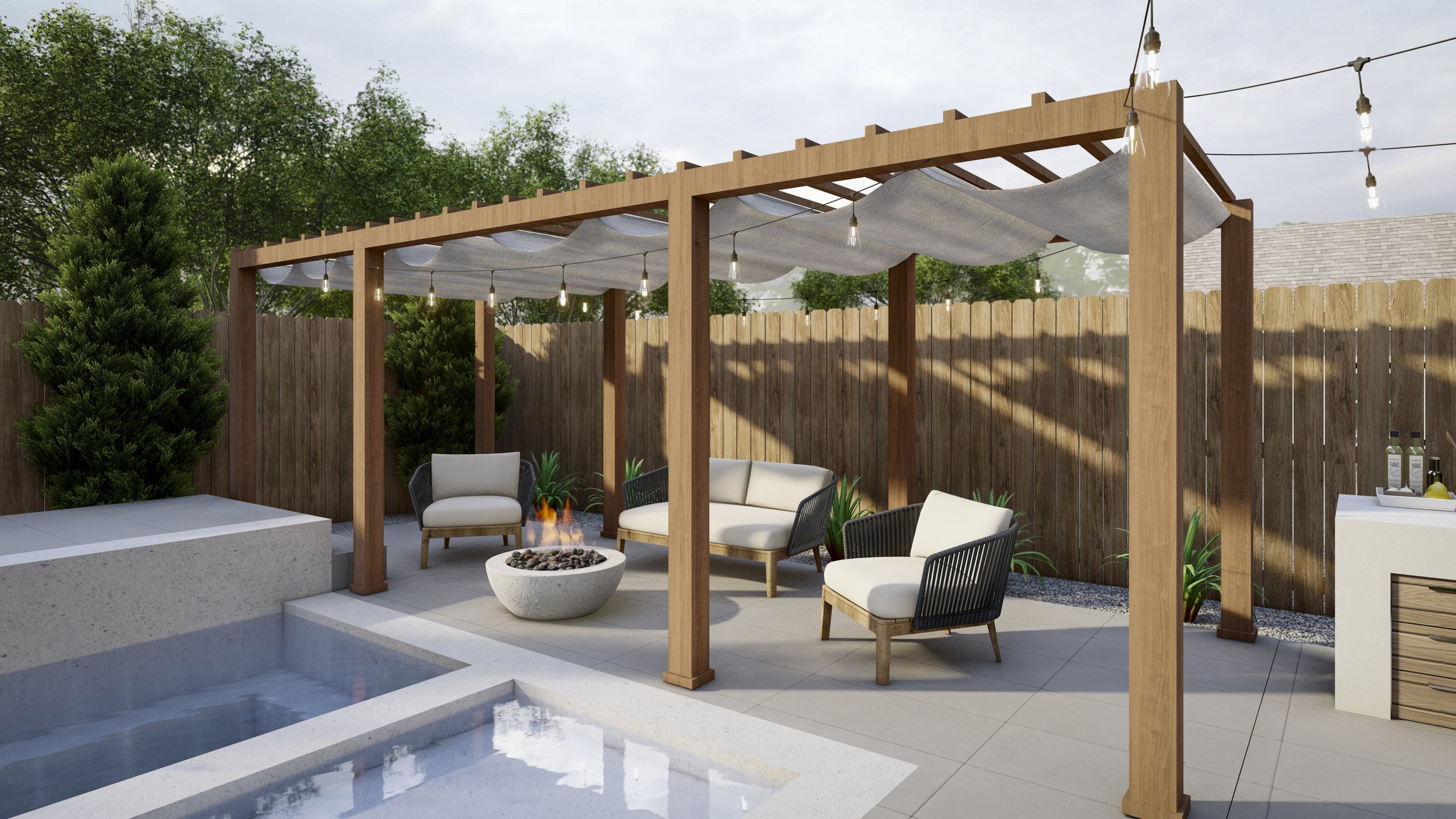 rectangular wooden modern pergola over fire pit seating area next to pool