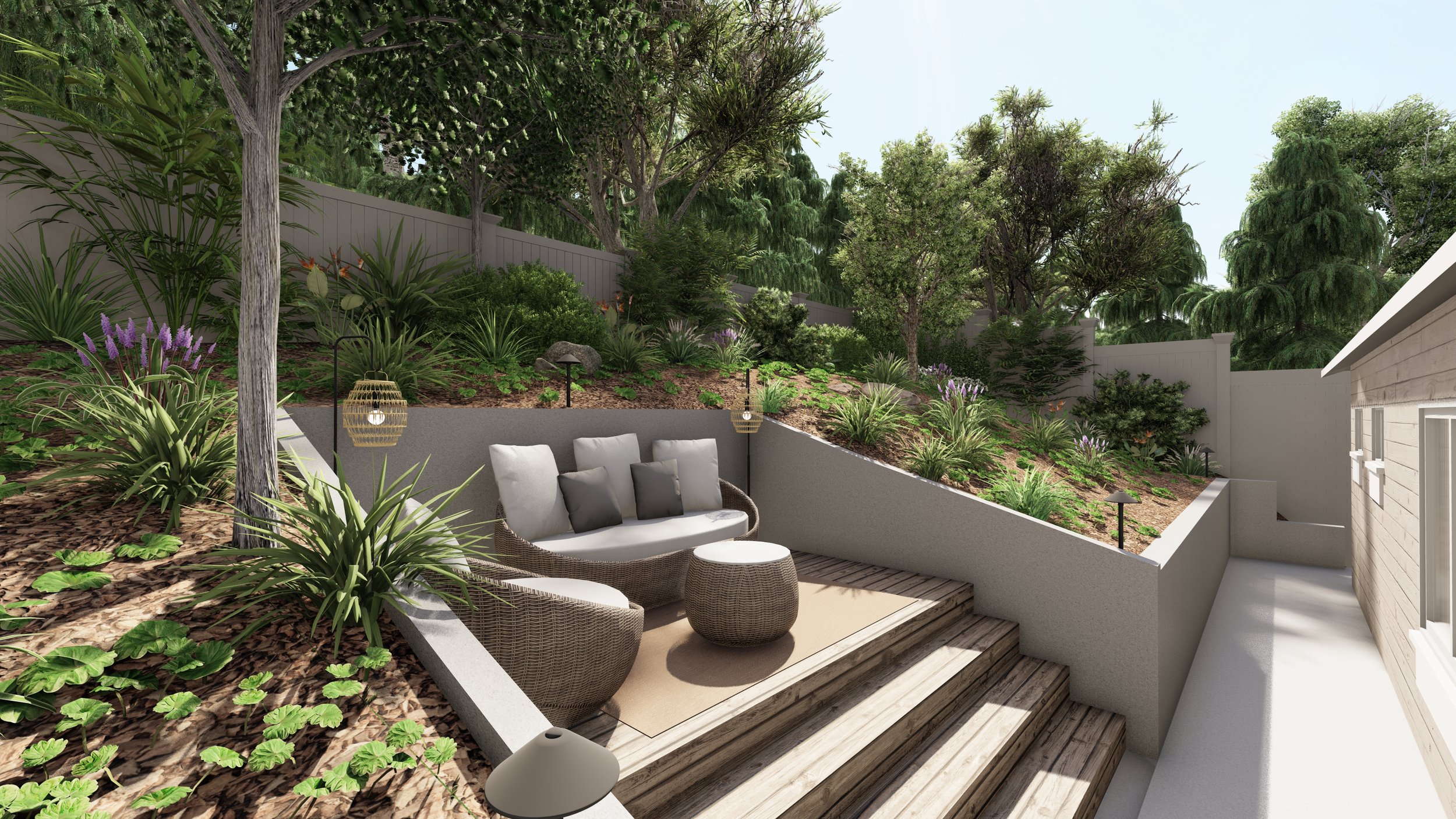 Creating new outdoor seating area in small sloped back yard in California