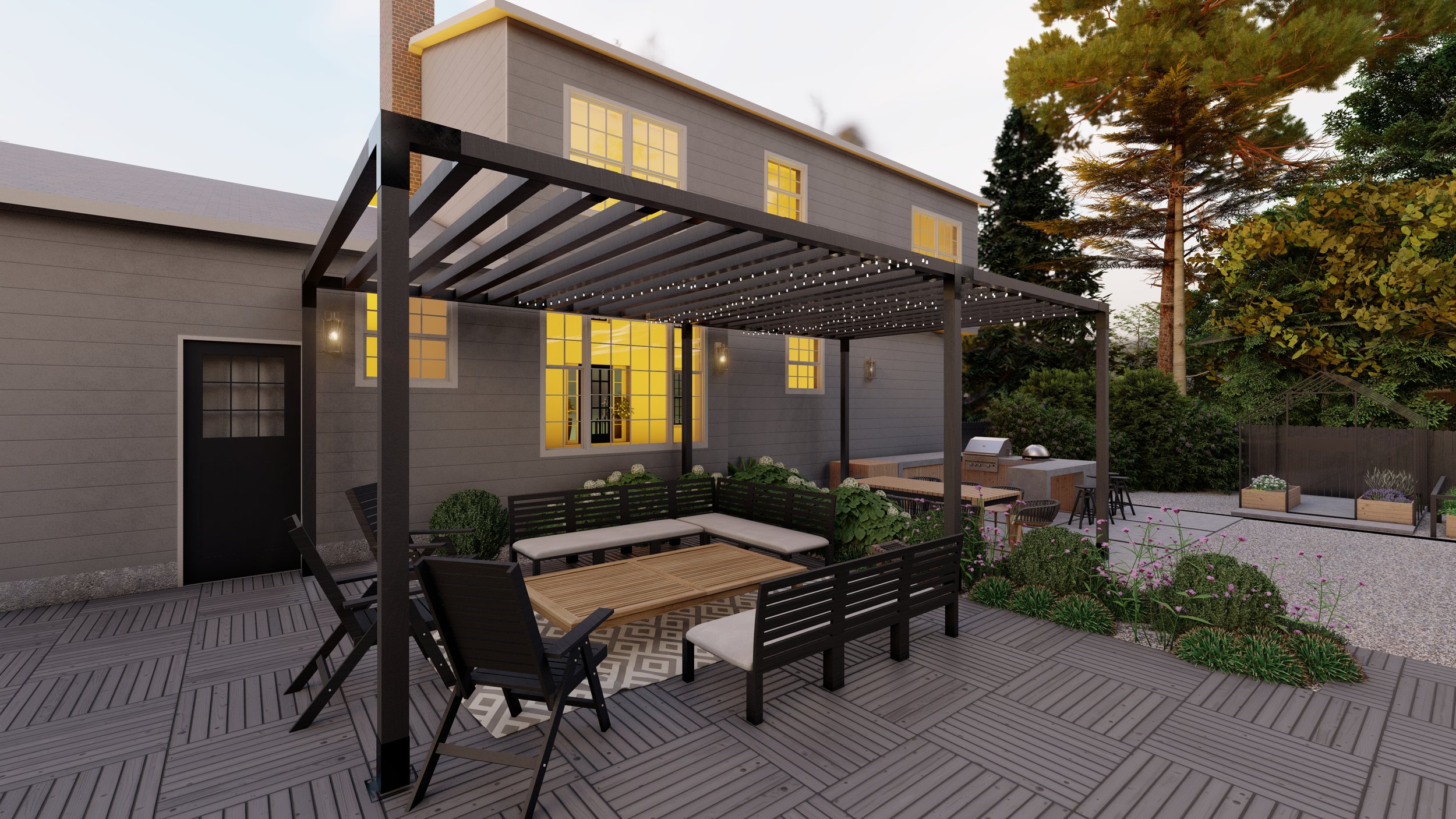 long rectangular black metal pergola against back of home shading a seating area and outdoor kitchen