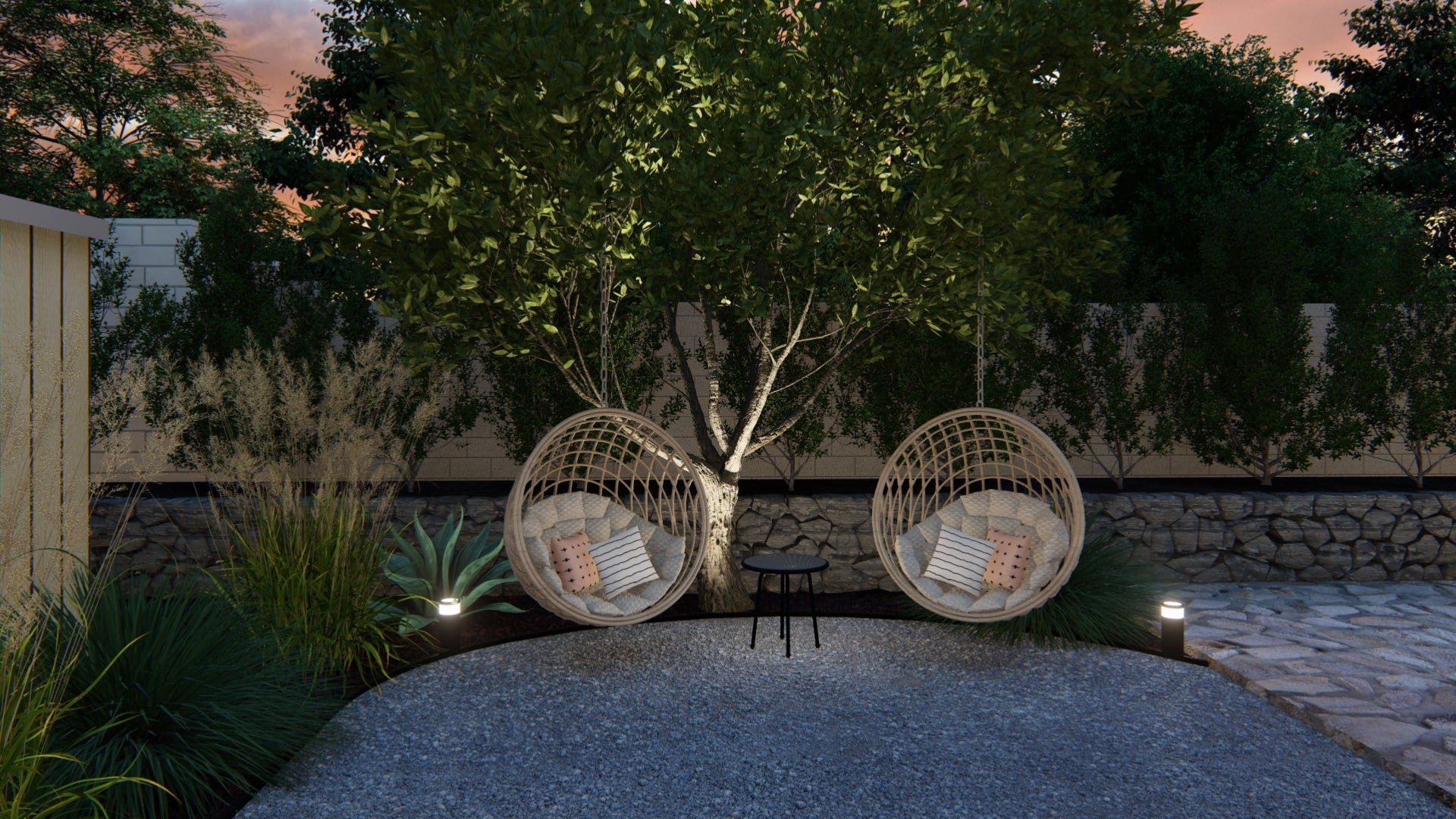 The same minimalist path lights flank a pair of basket chairs, while an uplight highlights the central tree as a sculptural focal point.