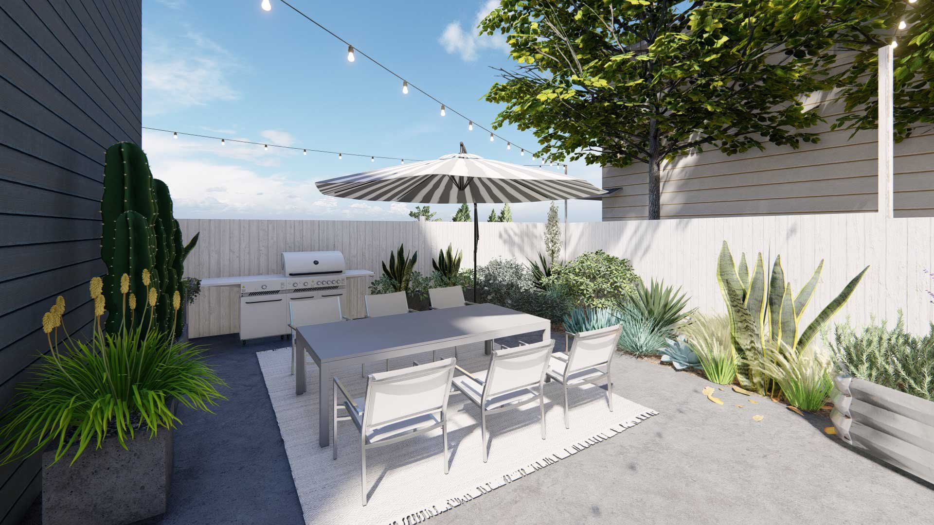 Outdoor kitchen and dining area in Los Angeles, CA back yard