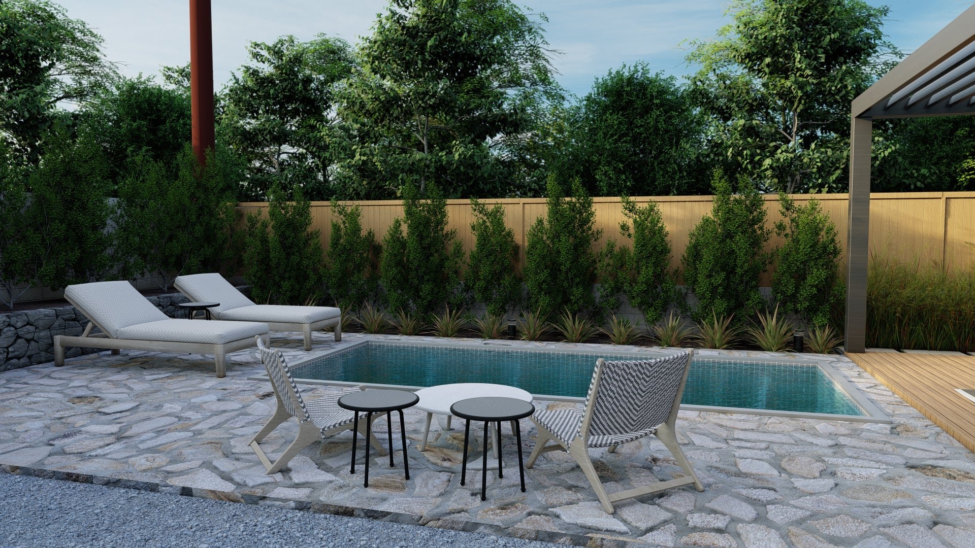 small backyard design with natural stone hardscaping with seating around a plunge pool