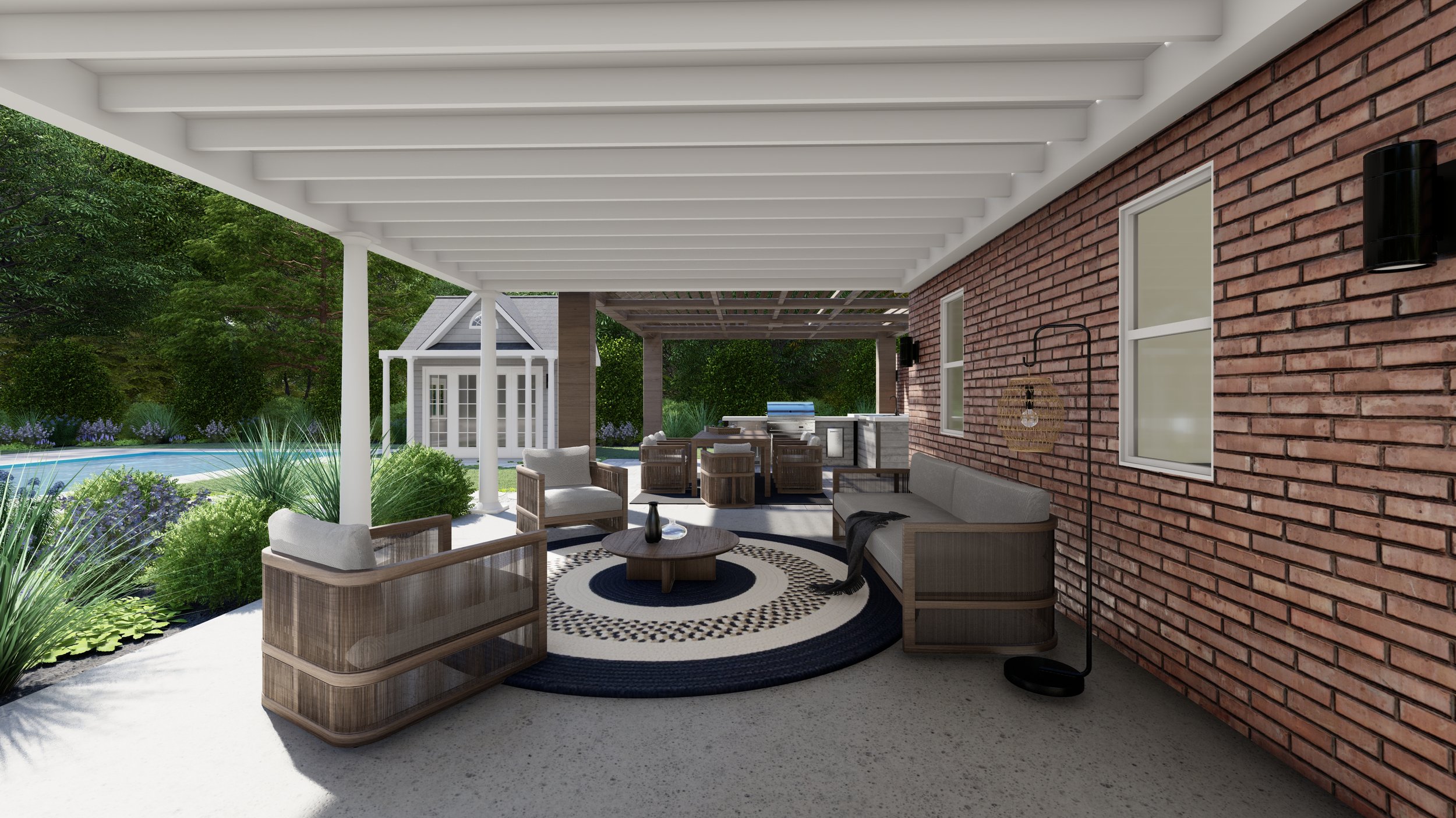 Backyard covered patio with Capri outdoor living room and dining room set.