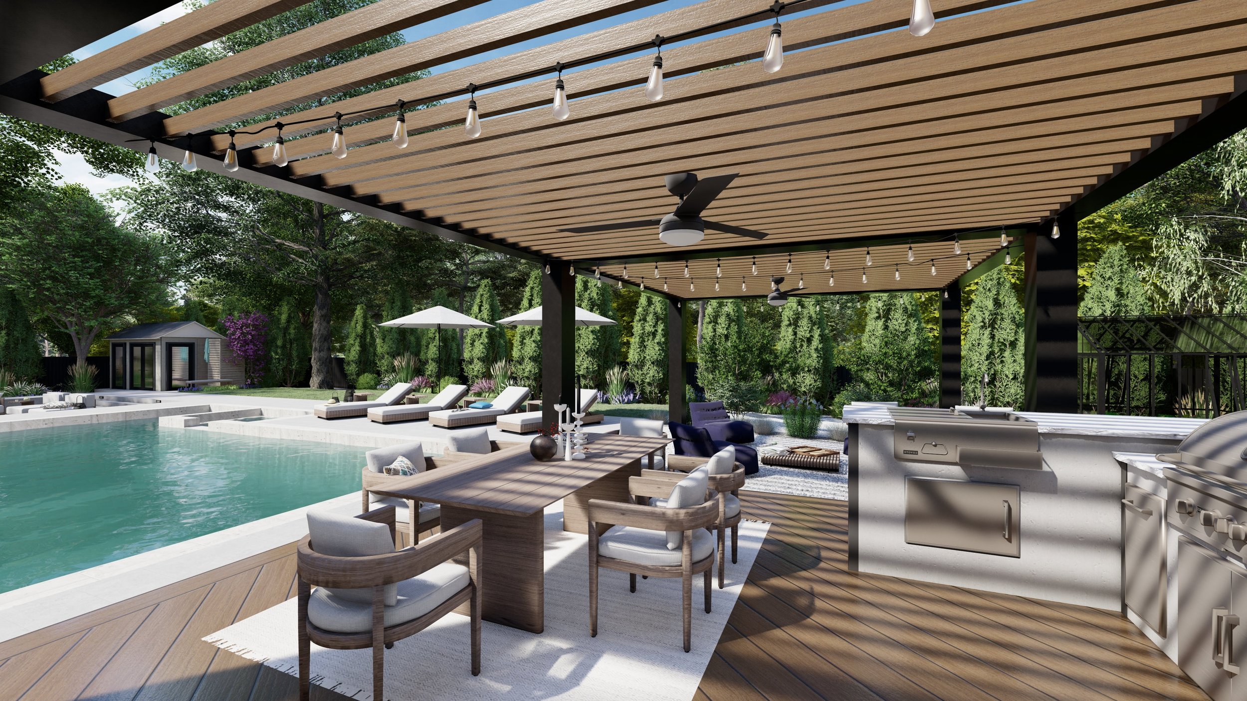 The Balmain dining set looks refined poolside in a backyard design for our client in Scarsdale, NY.
