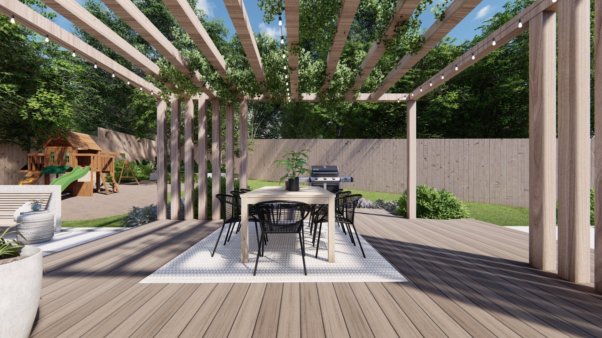The Capri table achieves a more casual vibe on a pergola-covered deck with stackable black metal chairs for a backyard design for our client in Riverton, UT.