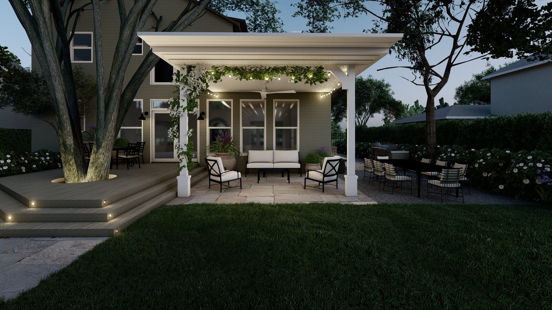 Recessed lights indicate corners in the wrap around deck stair, while string lights trace the edges of the pergola.
