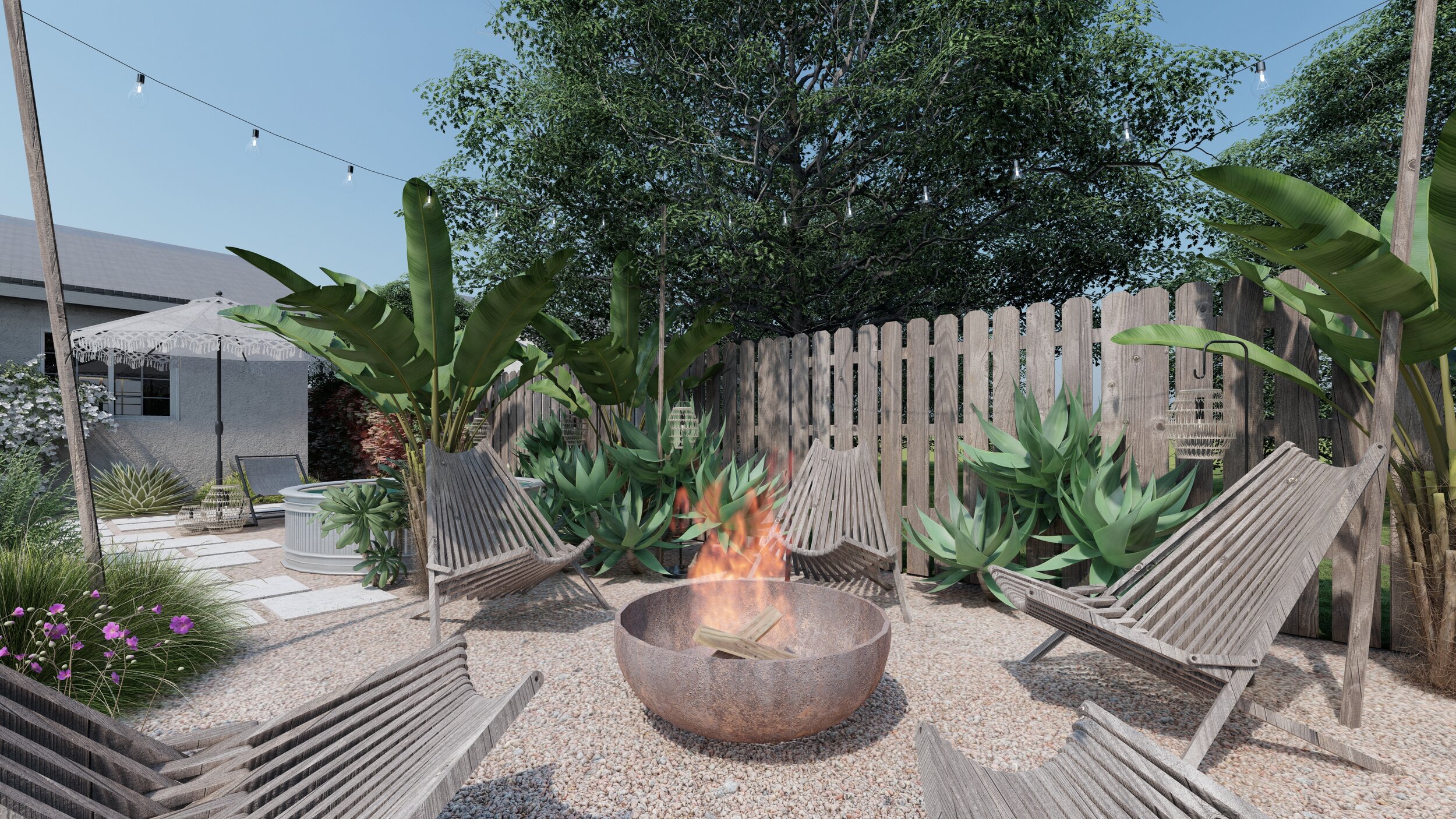 Casual tropical outdoor fire bowl area with privacy fence