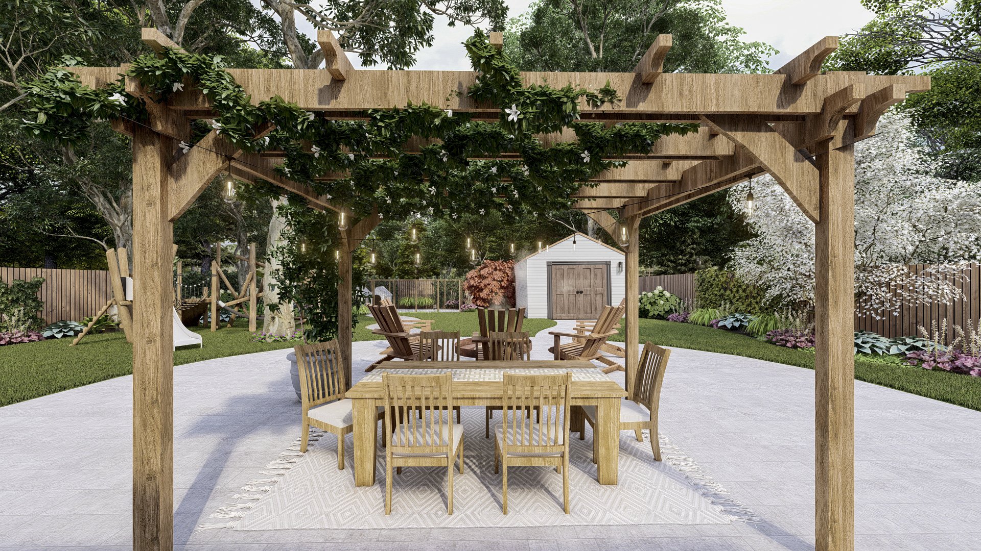 traditional wooden pergola over dining area with trellised flowering vines providing shade and beauty