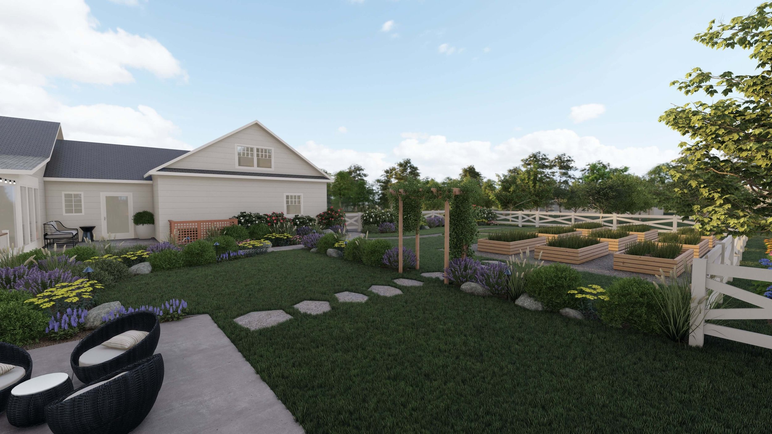 Large plot of raised garden beds in Pennsylvania backyard landscape design