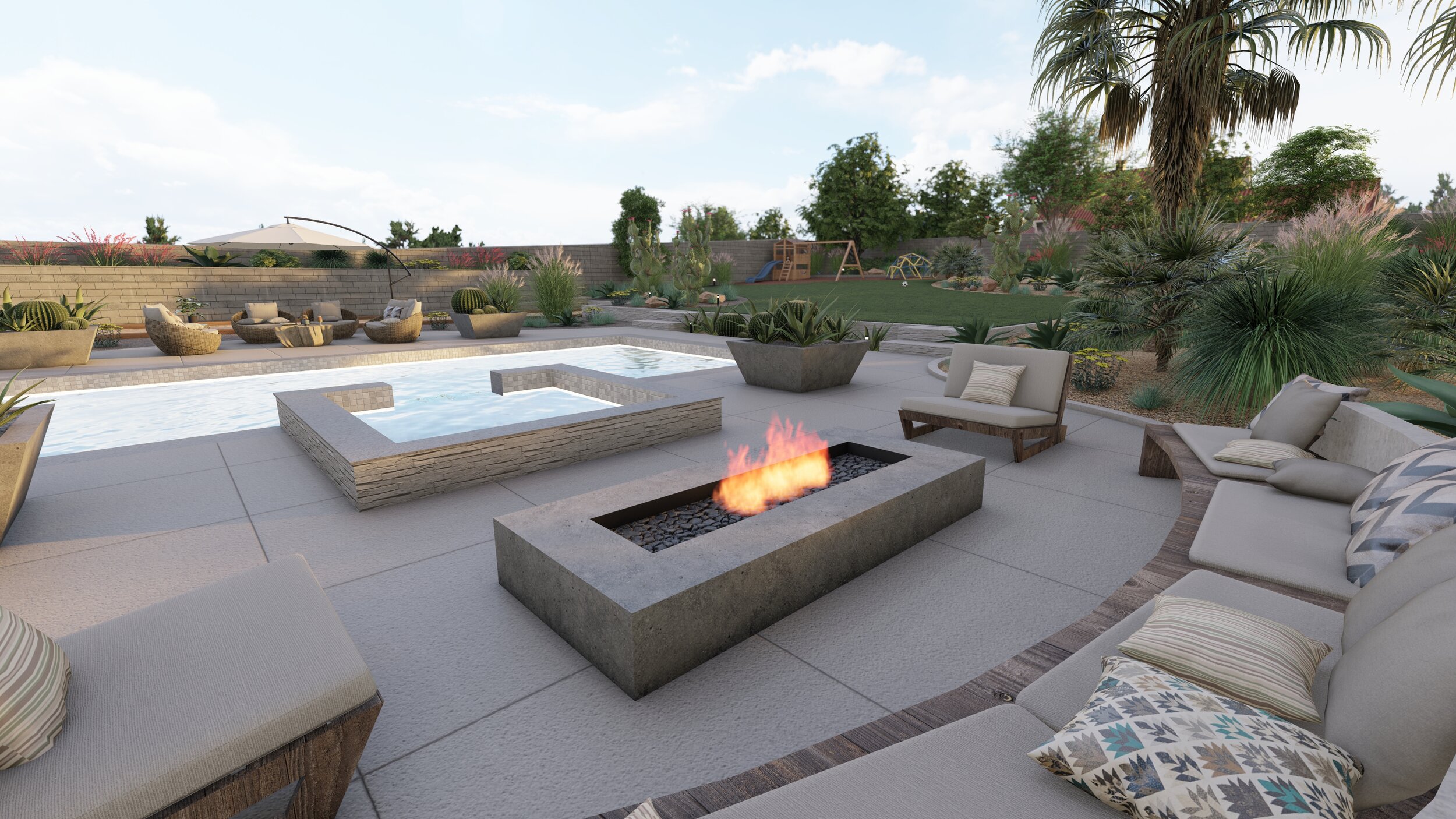 Lounging area with large fire table overlooking a swimming pool