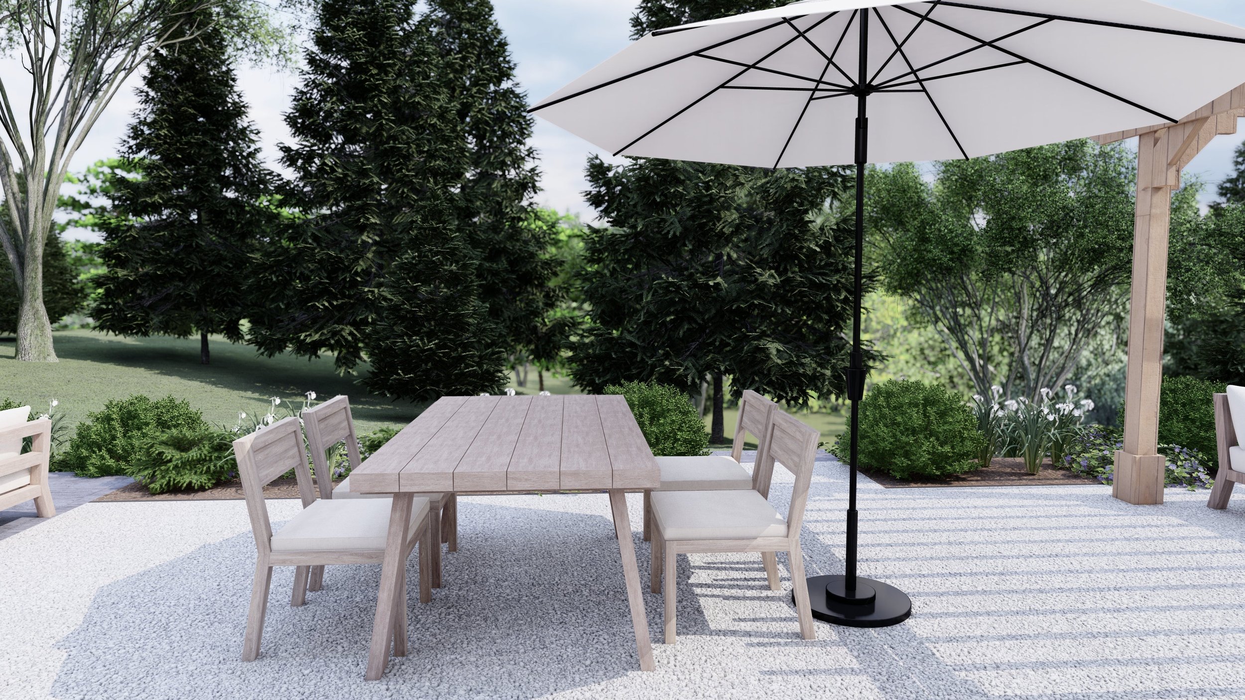 The Merida dining set on a gravel patio in a backyard design for our client in Verona, WI.