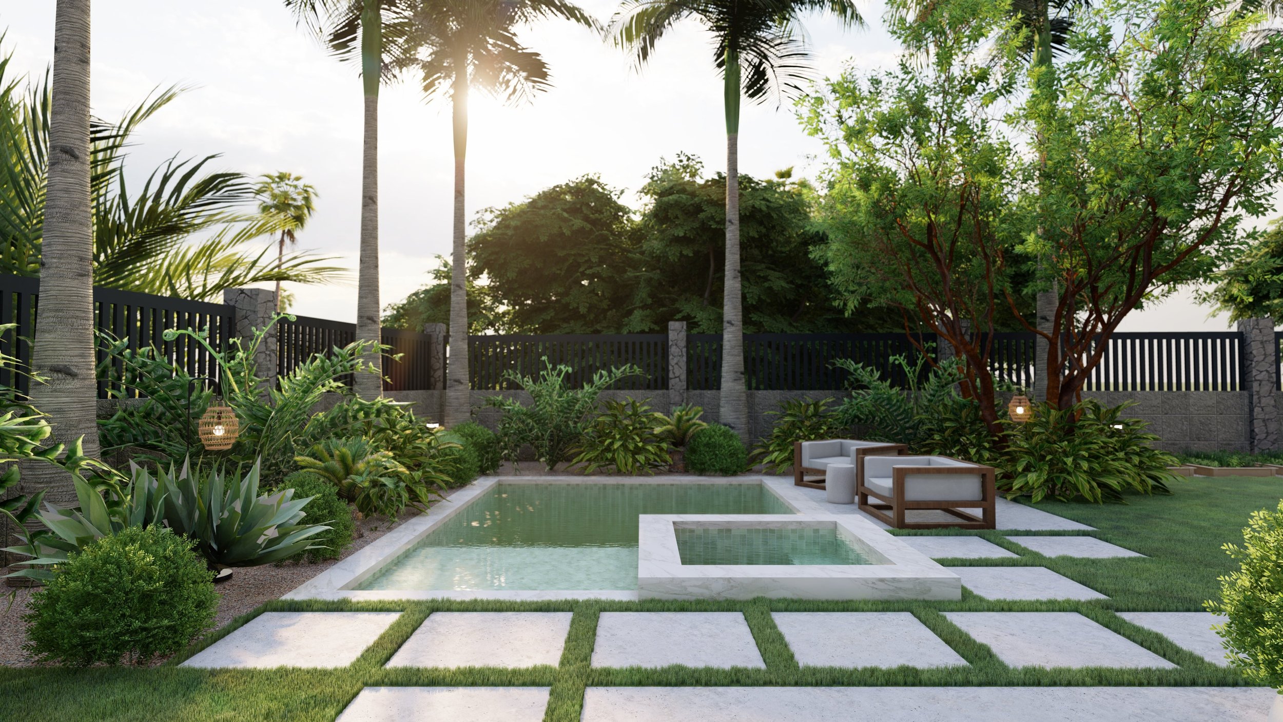 backyard design facing exterior fence with tropical plantings and tiled plunge pool