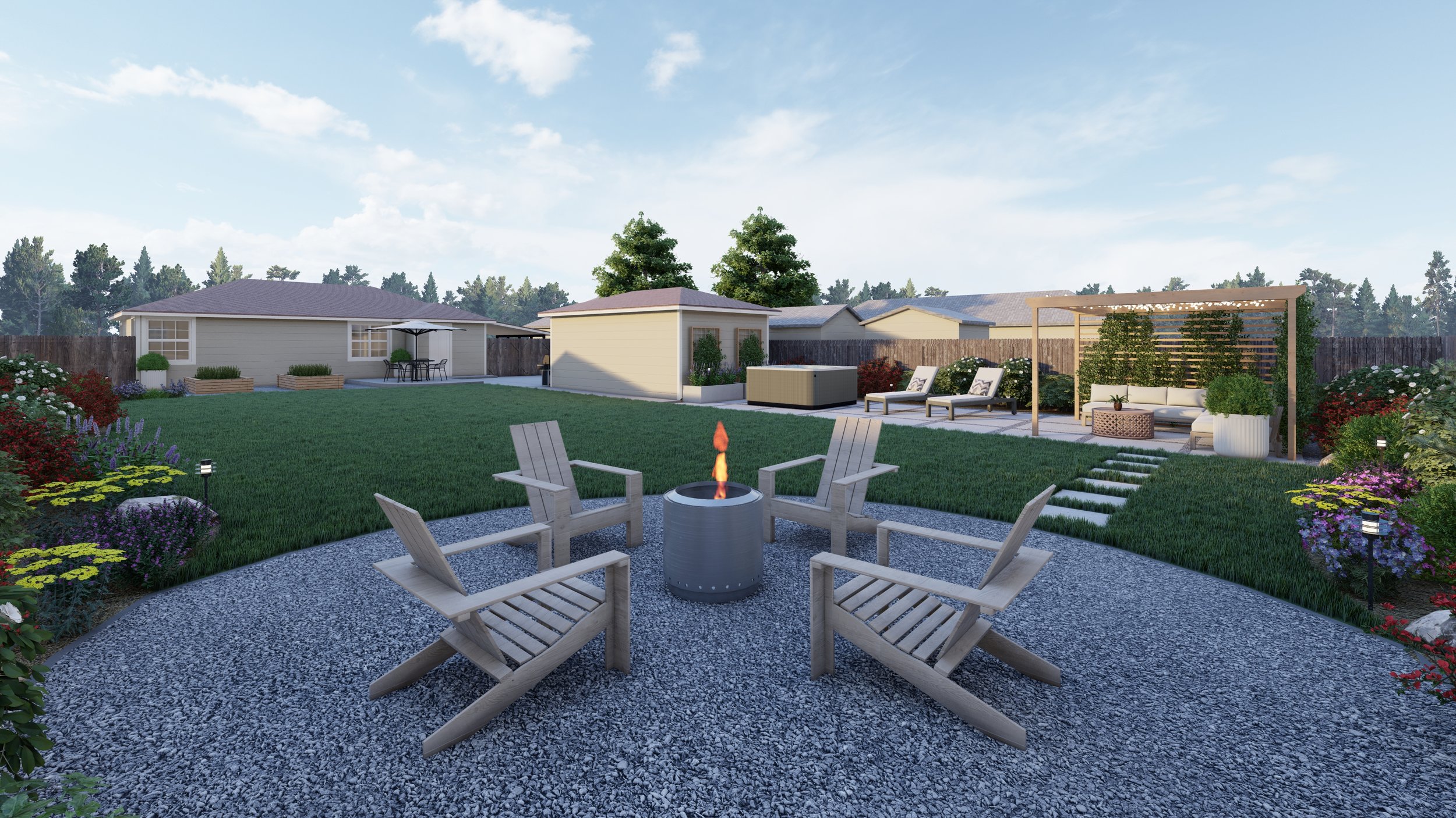 Portside adirondack chairs surround a Solo Stove Bonfire smokeless fire pit in a backyard design for a Yardzen client in Denver, CO