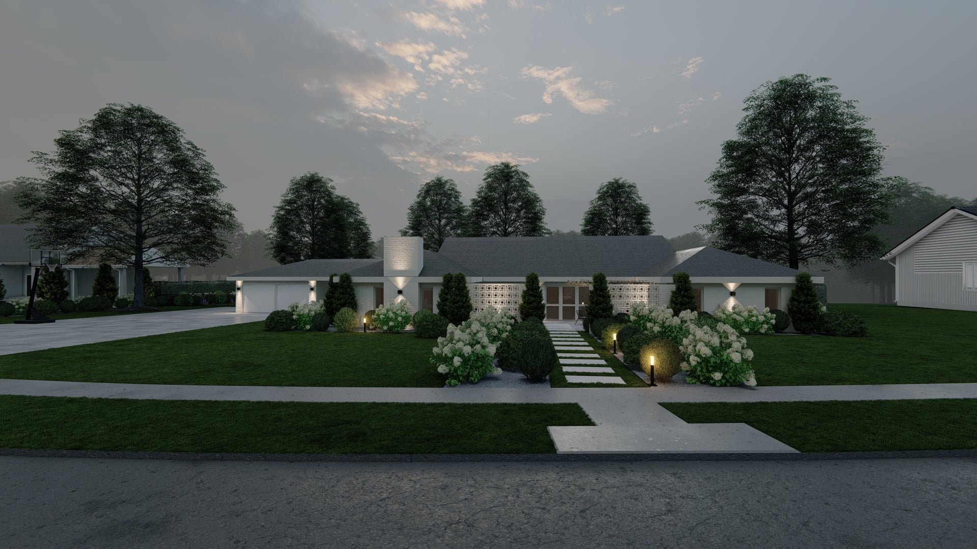 Evenly spaced wall and path lights pull the eye to the front entrance while boosting curb appeal.