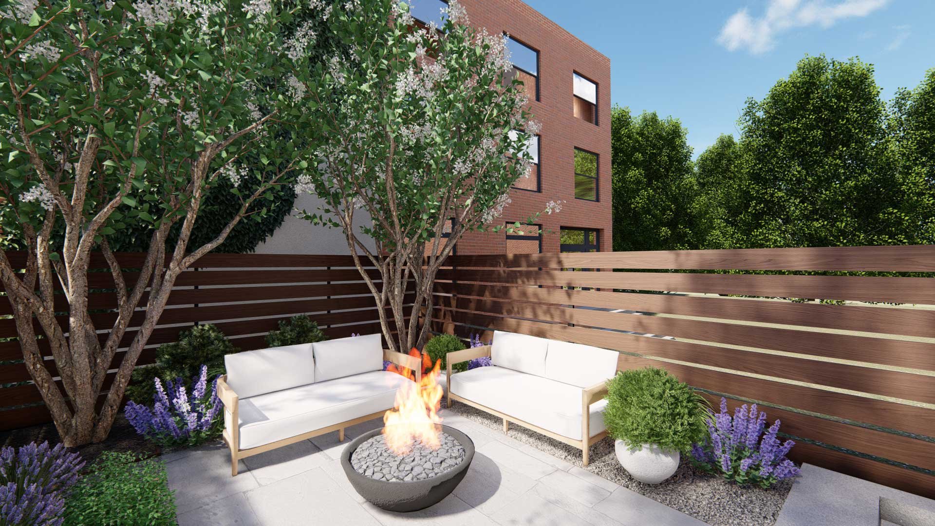 Fast growing Crape Myrtle are heat tolerant, low maintenance, and provide multi-season interest in this New York City back yard design