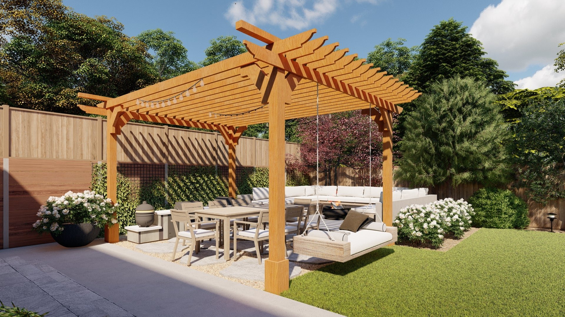 3D rendering of new landscape design with pergola-covered outdoor kitchen and dining area