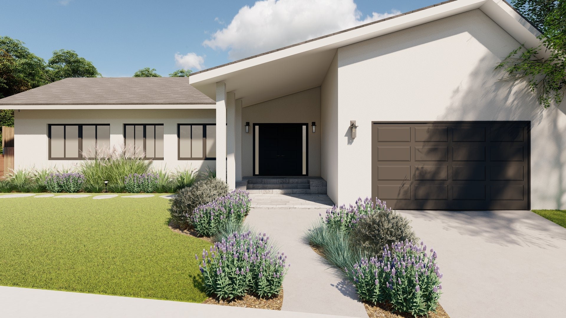 3D rendering of front of black and white modern rancher with new landscaping